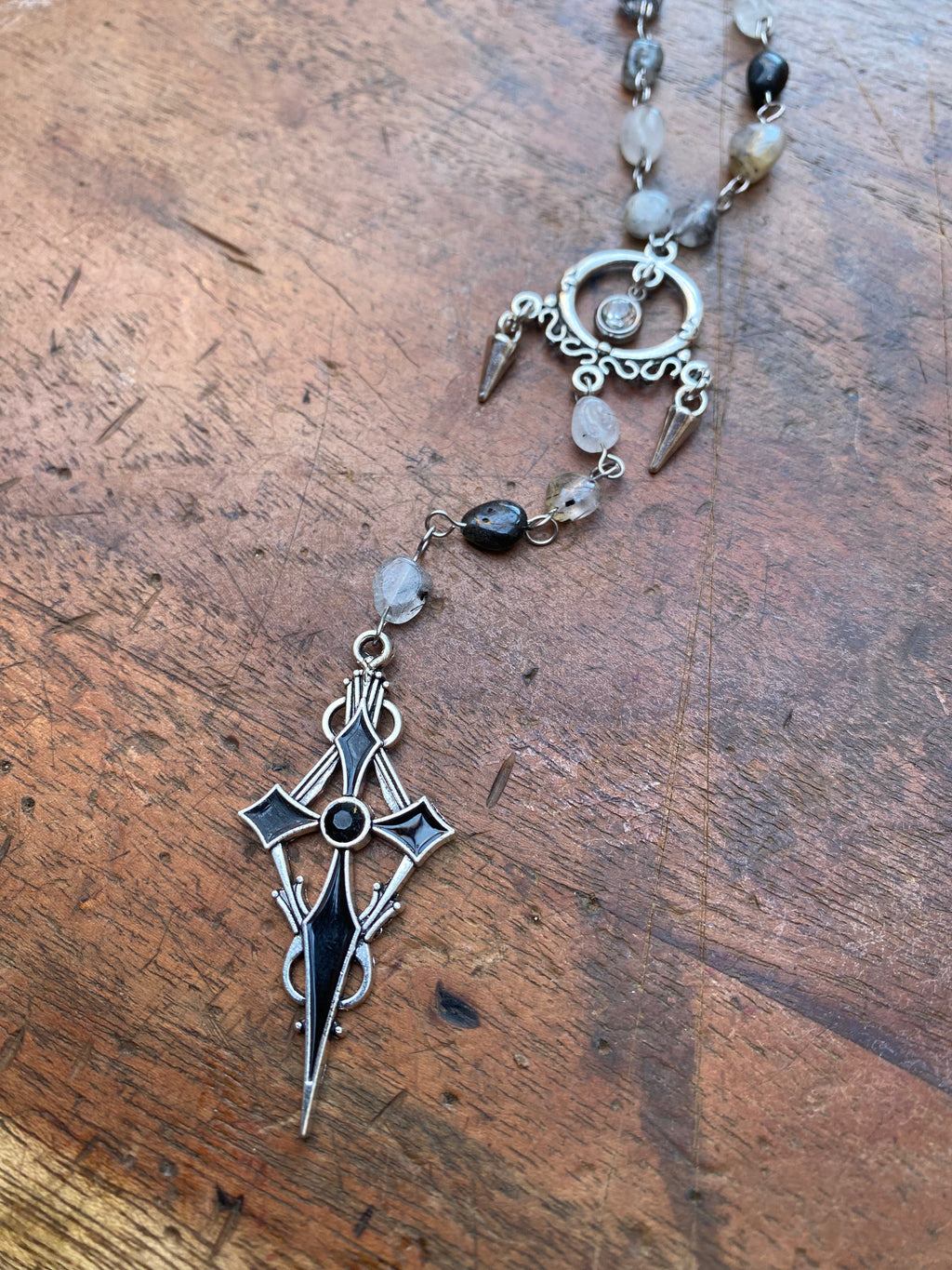 Rutilated Quartz and Black Cross Rosary Necklace