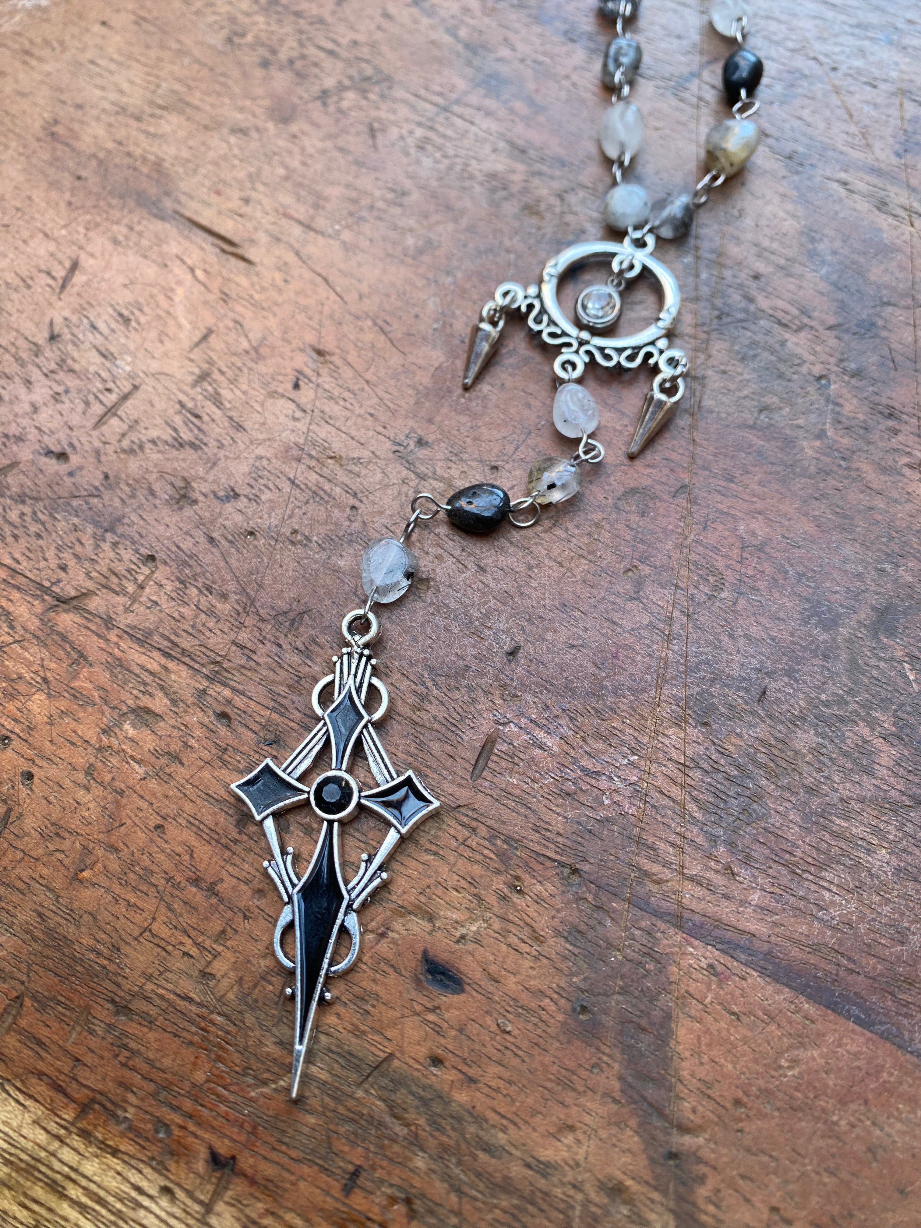 Rutilated Quartz and Black Cross Rosary Necklace