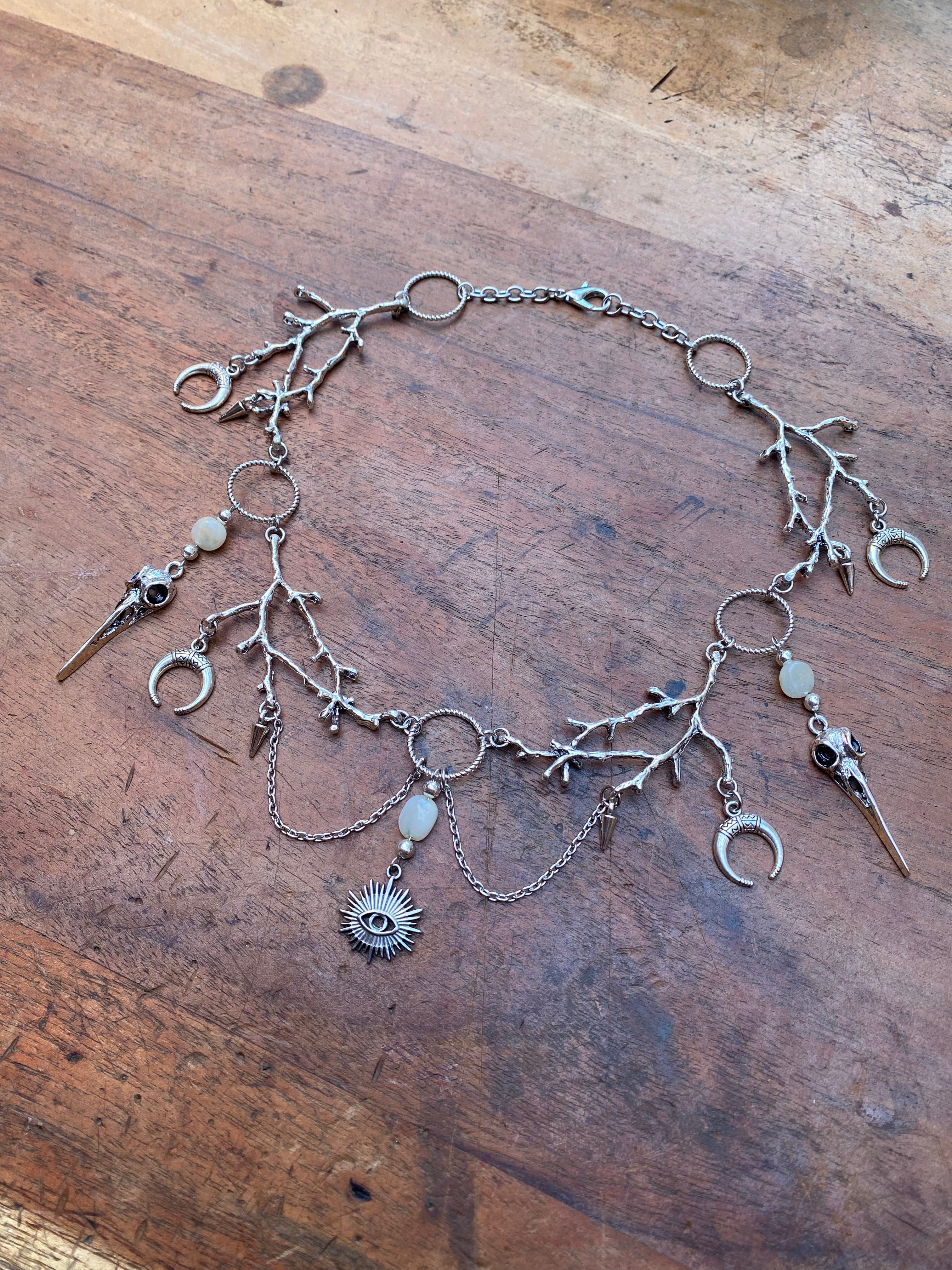 Branches, Bird Skulls and Eye with White Moonstone Necklace