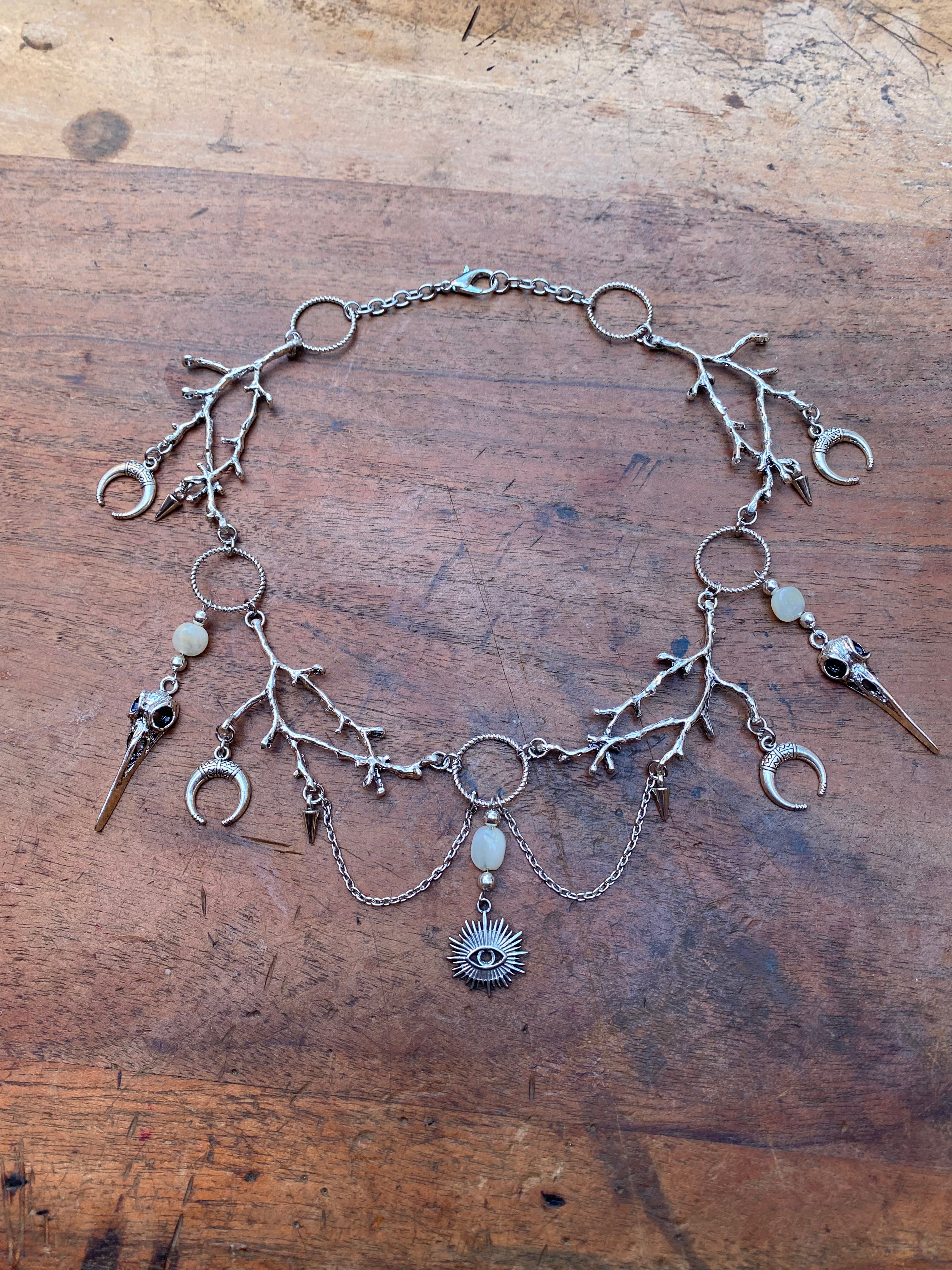 Branches, Bird Skulls and Eye with White Moonstone Necklace