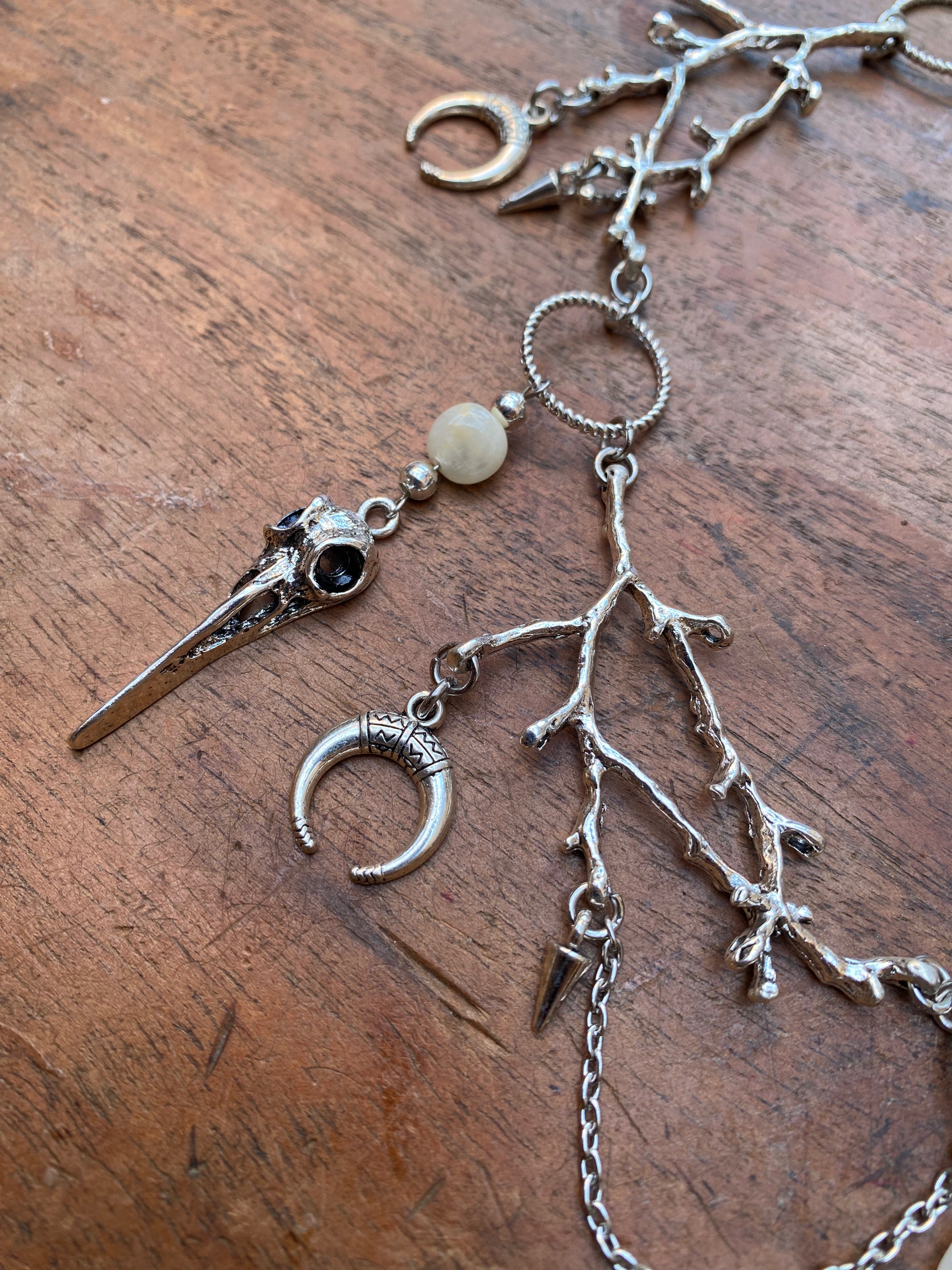 Branches, Bird Skulls and Eye with White Moonstone Necklace