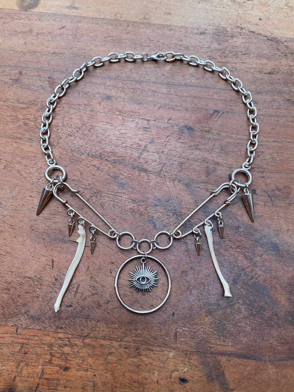Safety Pins, Eye and Squirrel Bones Necklace