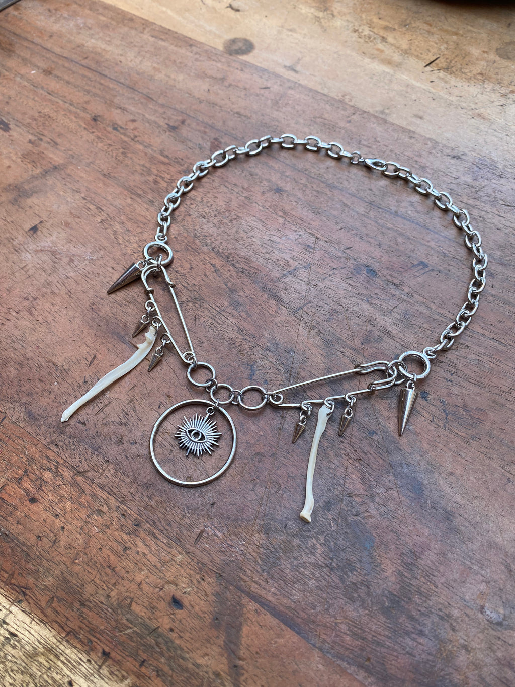 Safety Pins, Eye and Squirrel Bones Necklace