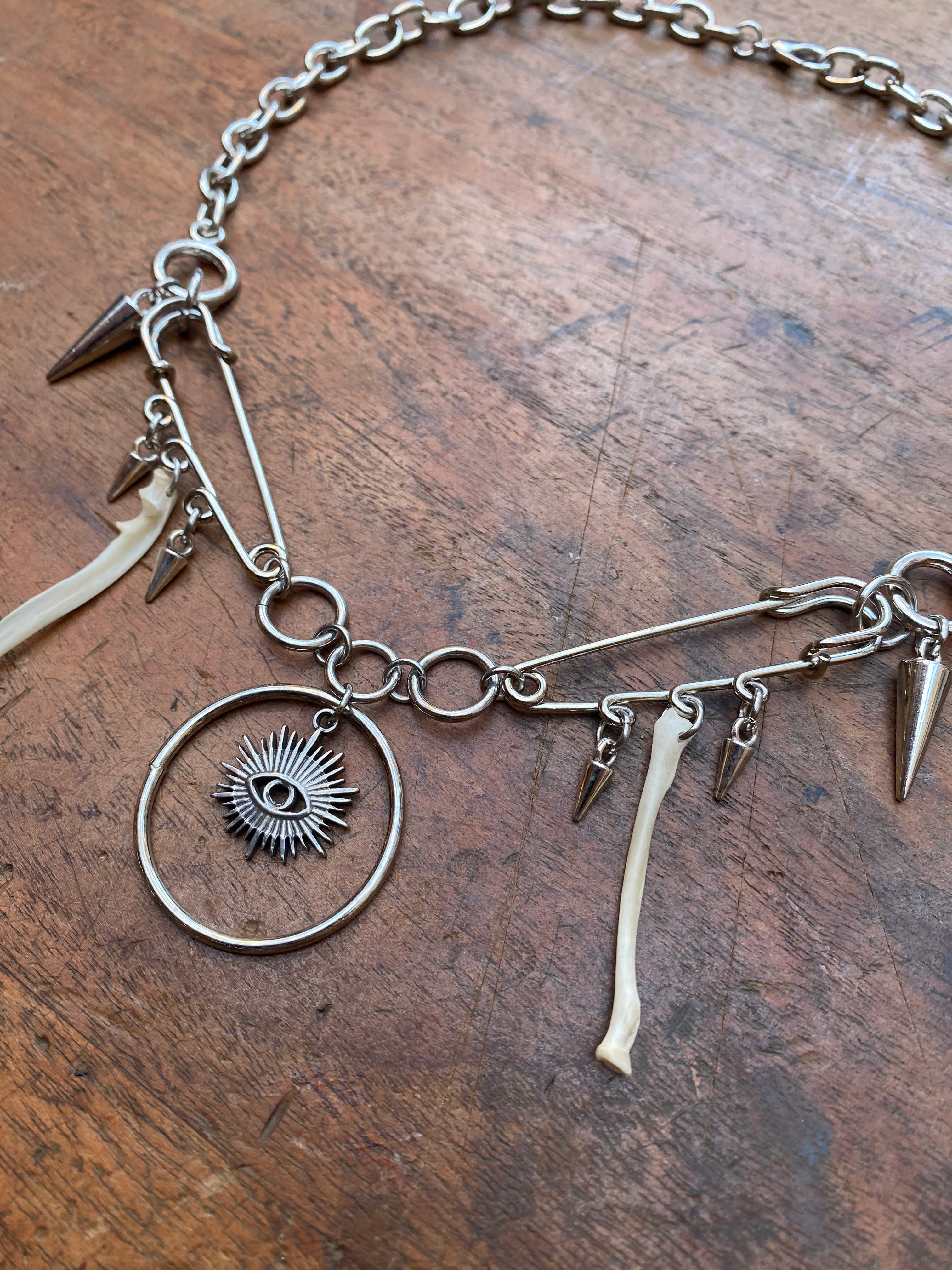Safety Pins, Eye and Squirrel Bones Necklace
