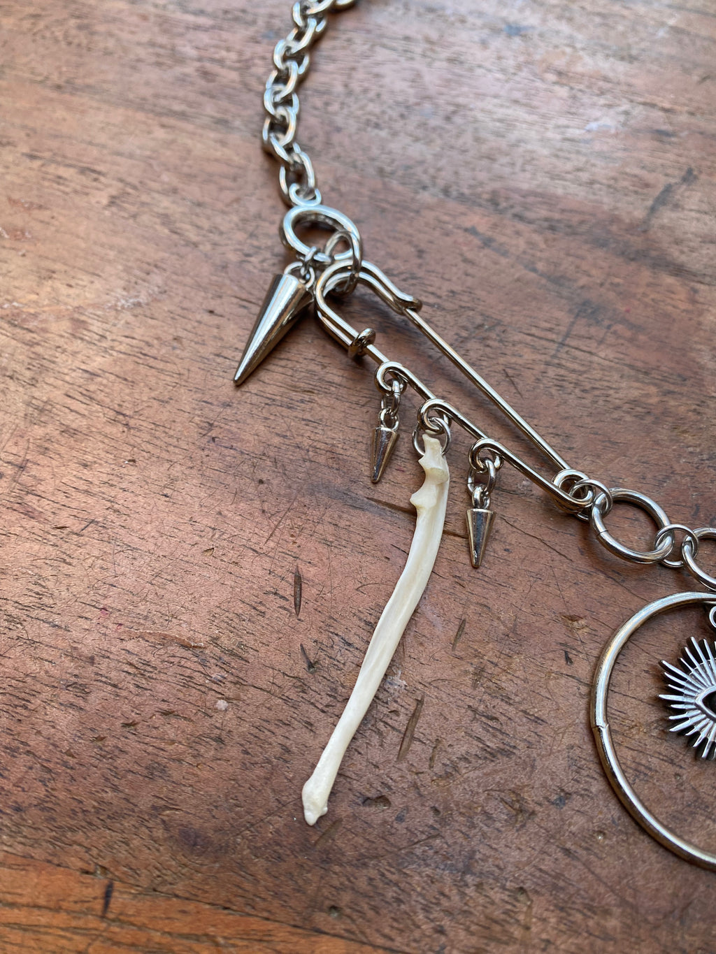 Safety Pins, Eye and Squirrel Bones Necklace