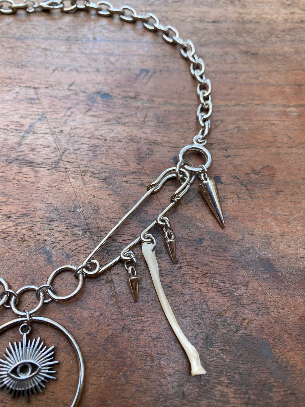 Safety Pins, Eye and Squirrel Bones Necklace