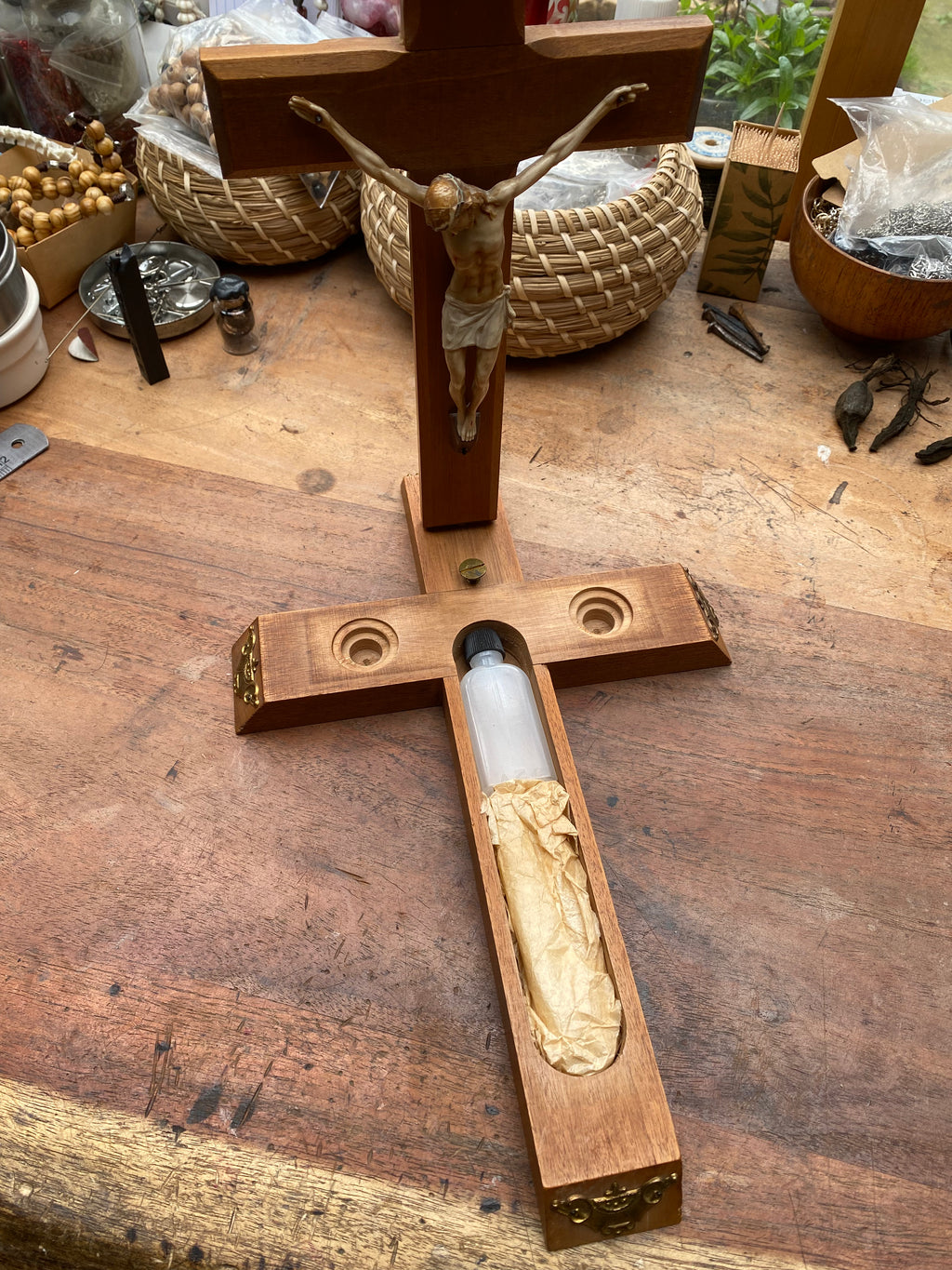 Vintage Last Rites Crucifix Complete with Candles and Holy Water Bottle