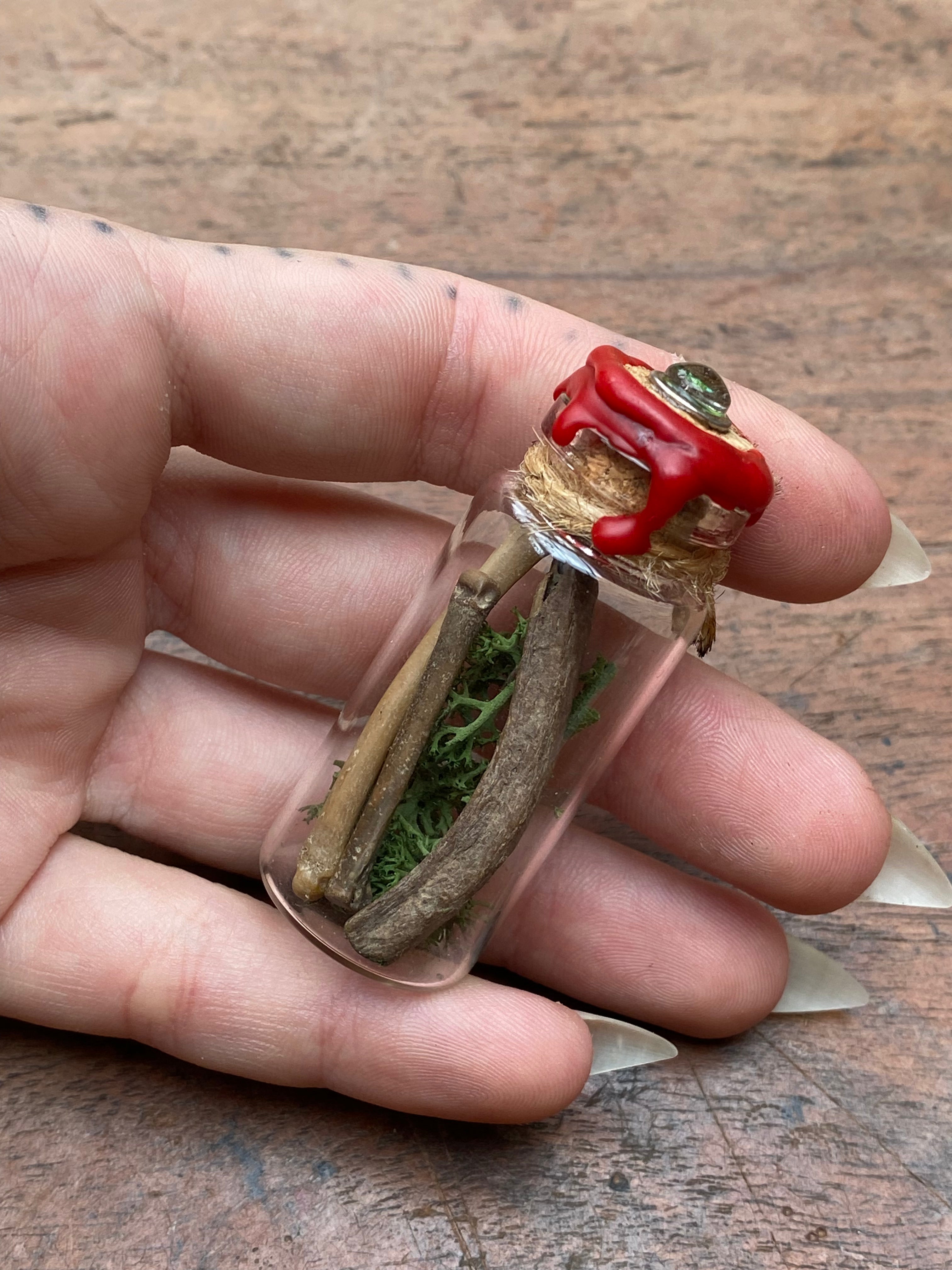 Fossilised Mudlarked Bones in Glass Vial with Eye Spell Jar