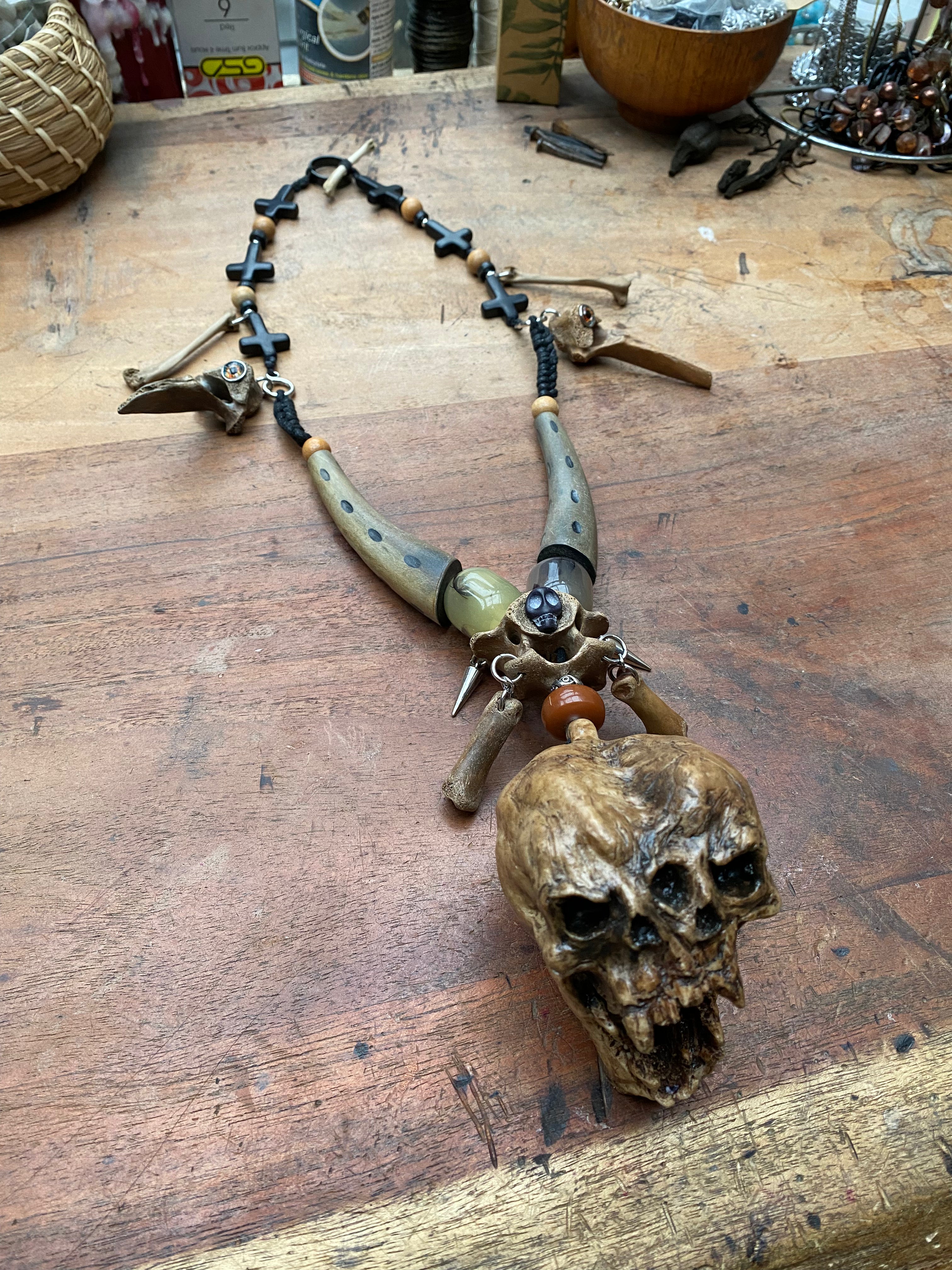 Death Whistle Skull Necklace with Fossilised Mudlarked Bones