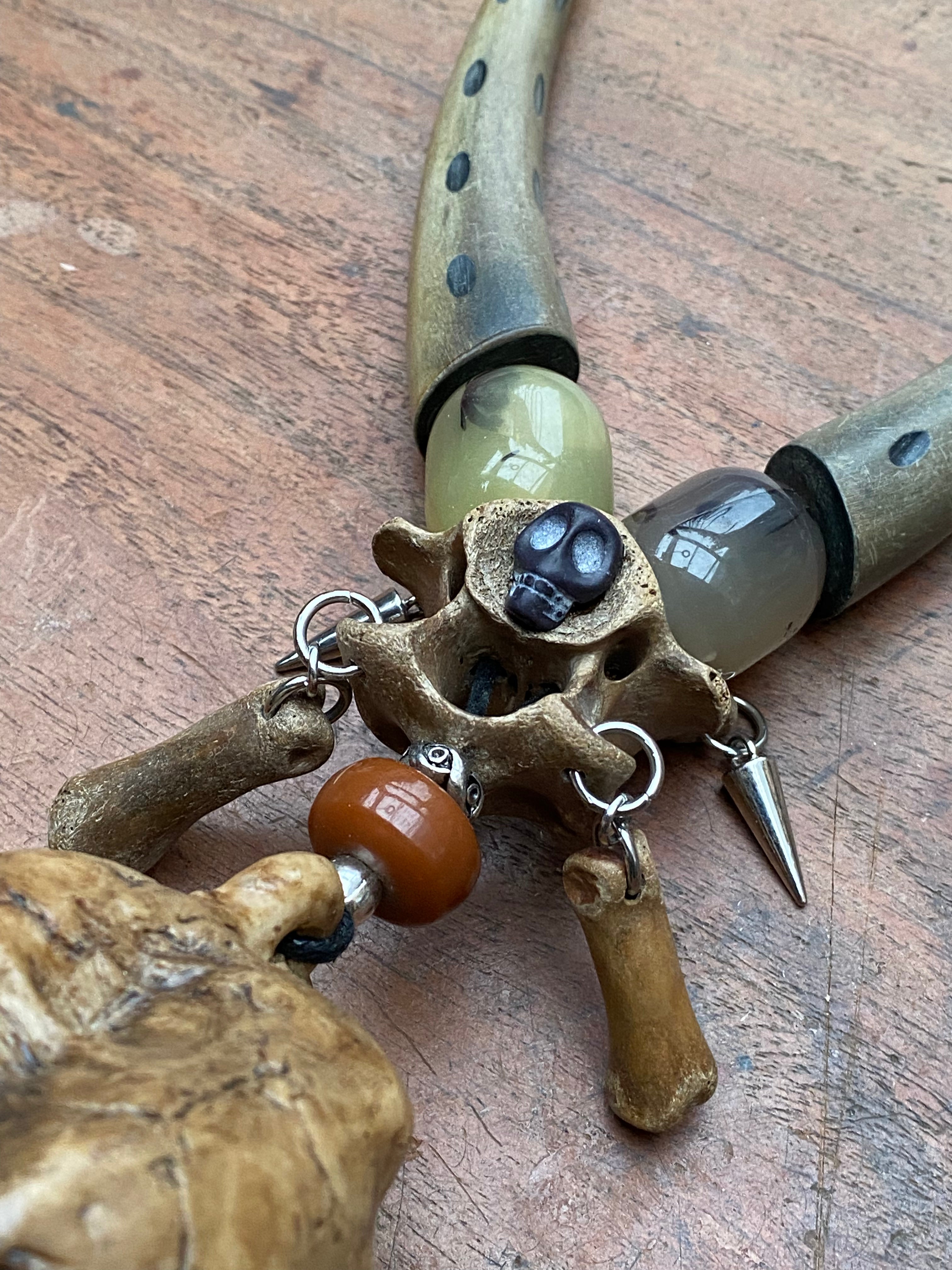 Death Whistle Skull Necklace with Fossilised Mudlarked Bones