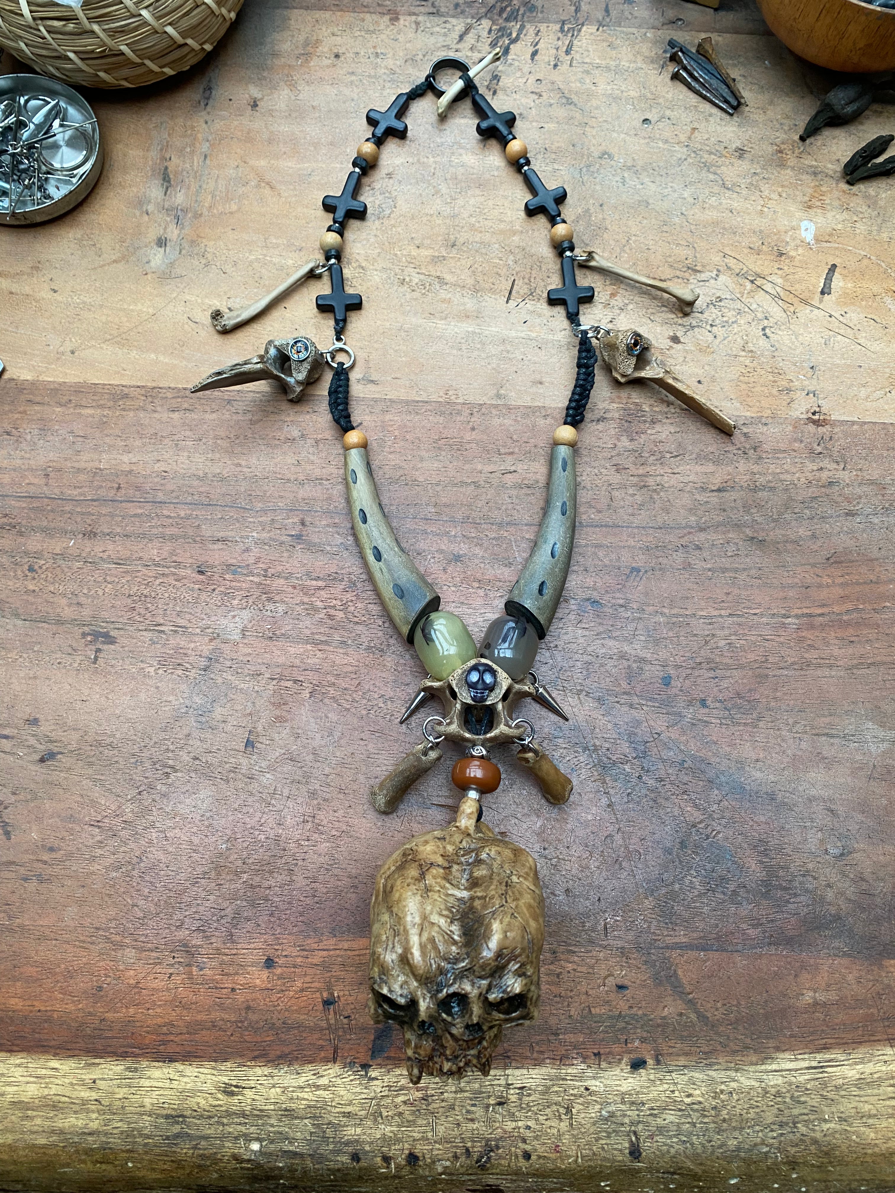 Death Whistle Skull Necklace with Fossilised Mudlarked Bones