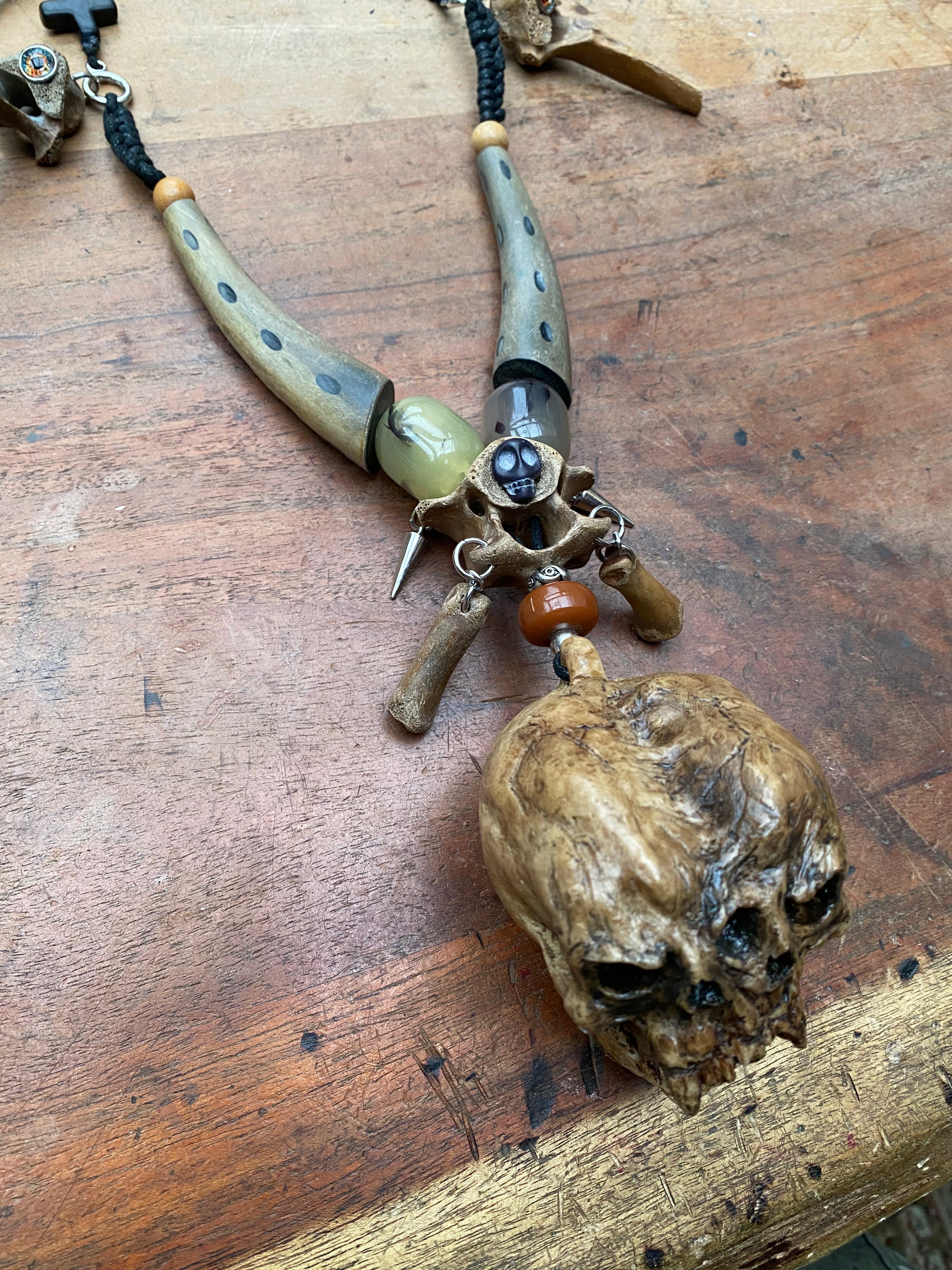 Death Whistle Skull Necklace with Fossilised Mudlarked Bones