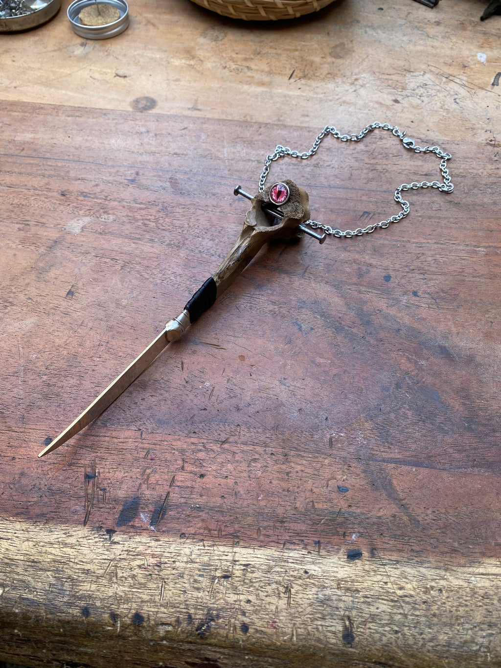 Mudlarked Vertebrae with Red Eye and Nails Dagger Necklace