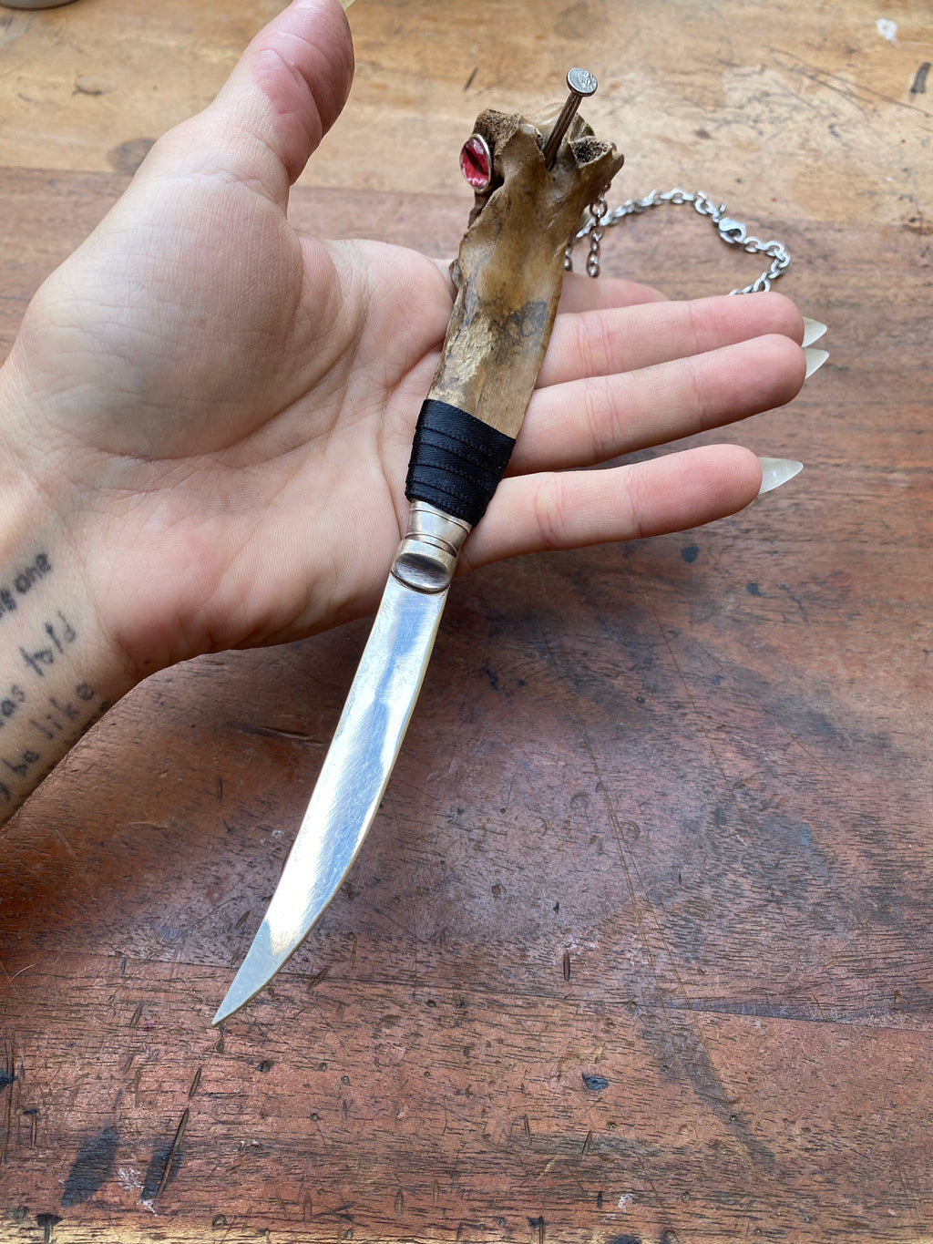 Mudlarked Vertebrae with Red Eye and Nails Dagger Necklace