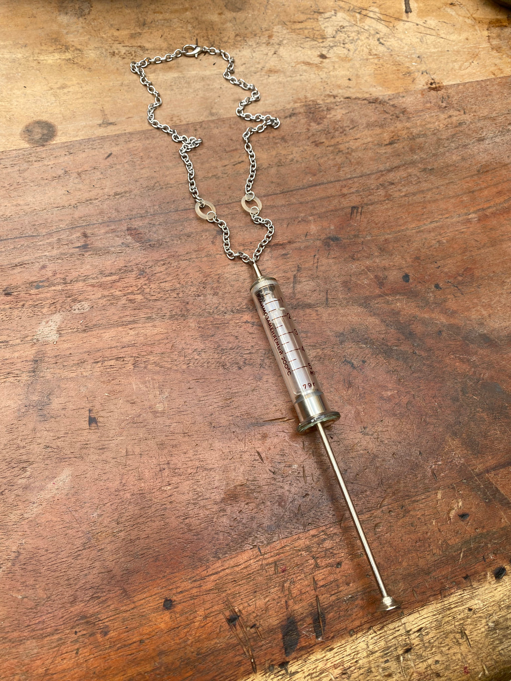 Vintage Syringe Necklace with Attached Secret Glass Vial