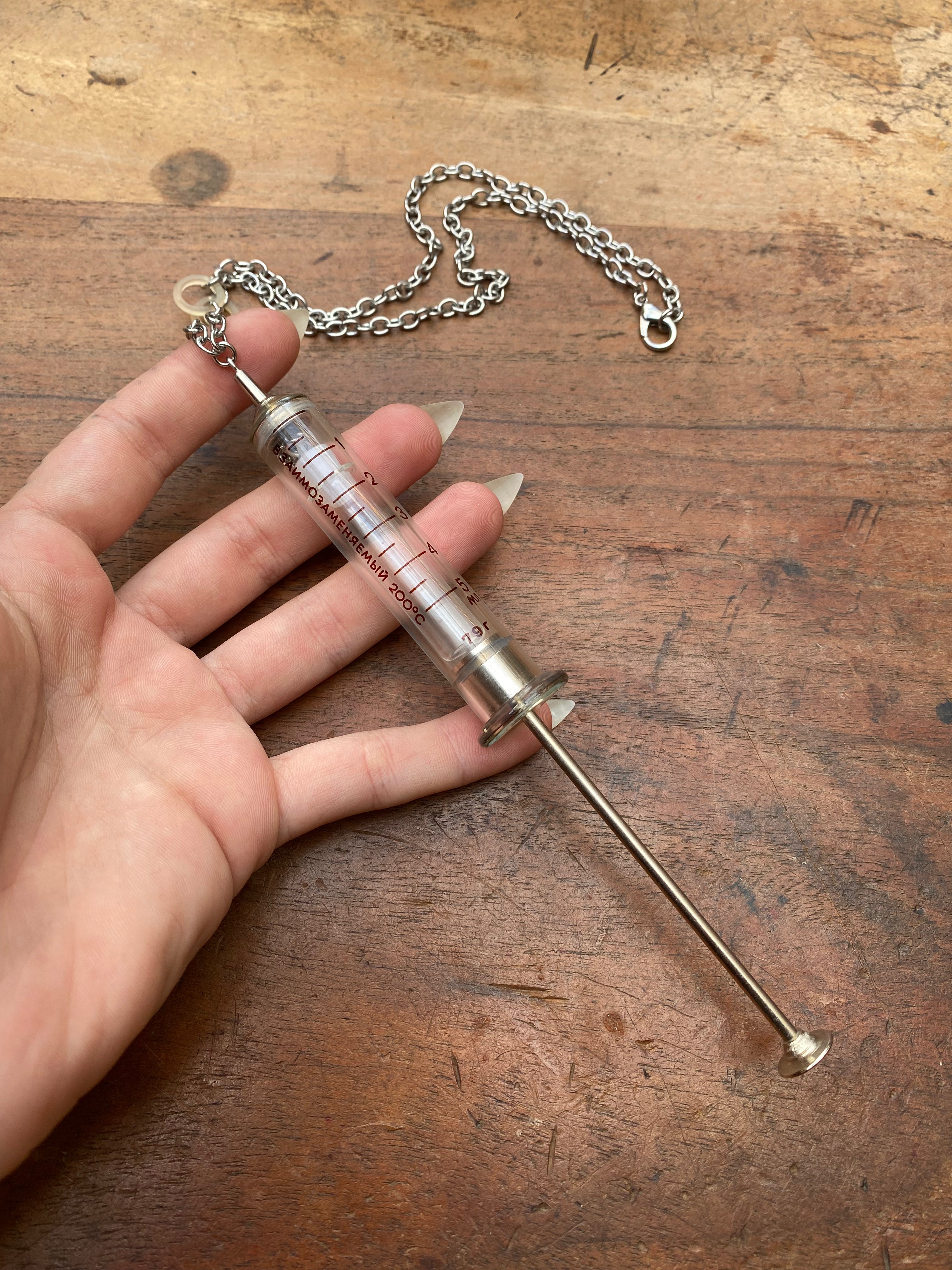Vintage Syringe Necklace with Attached Secret Glass Vial
