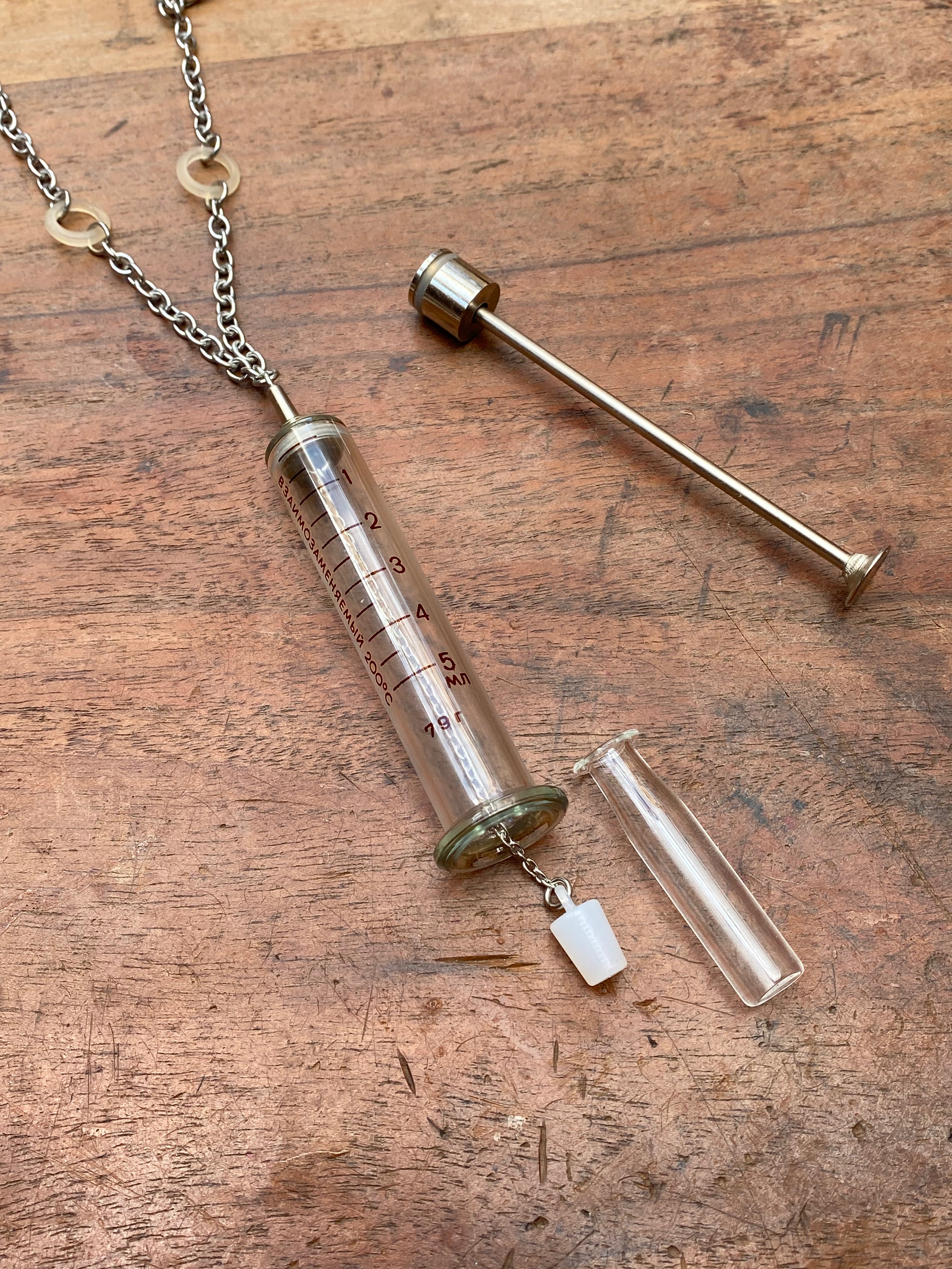 Vintage Syringe Necklace with Attached Secret Glass Vial