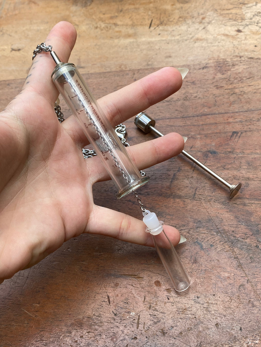Vintage Syringe Necklace with Attached Secret Glass Vial