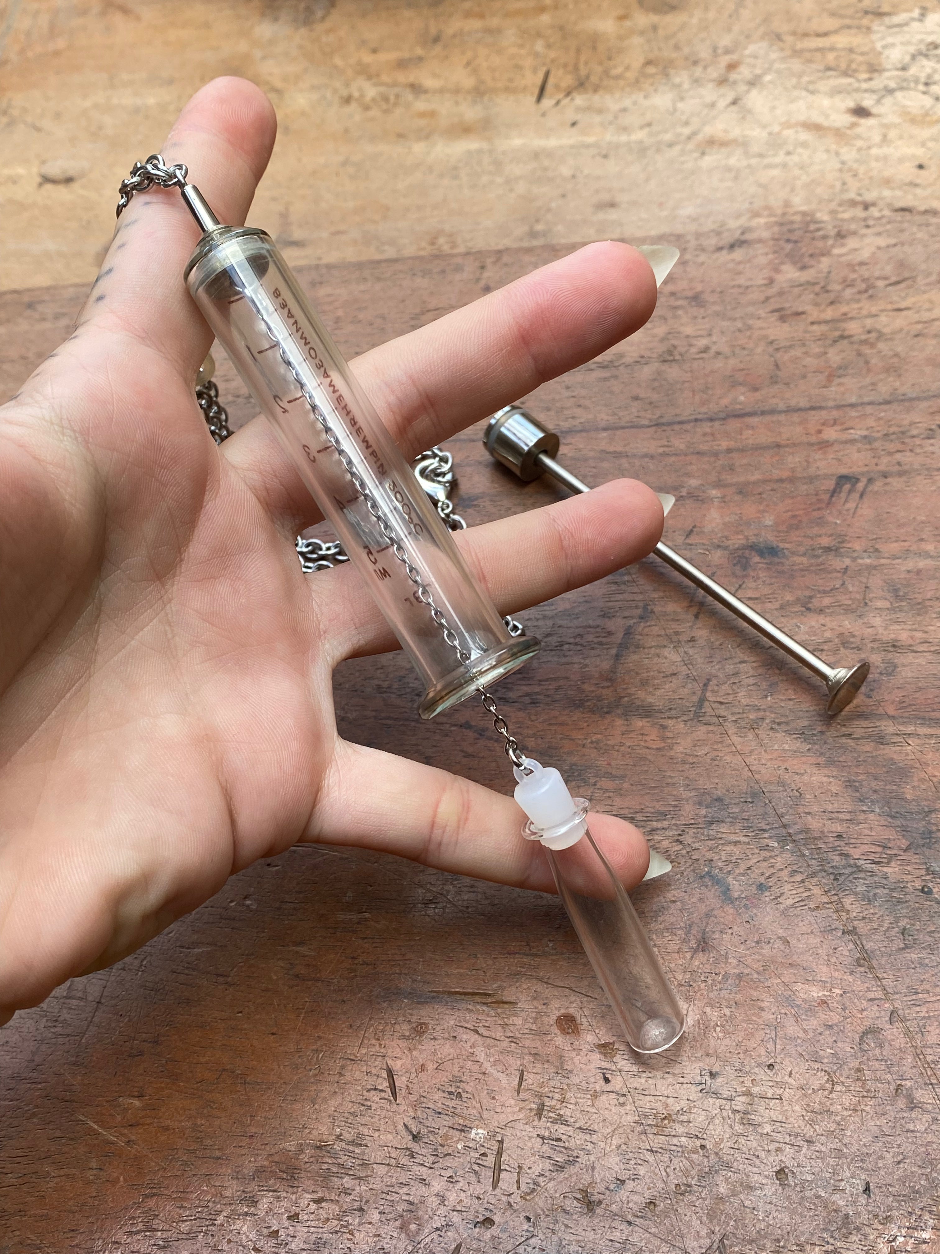 Vintage Syringe Necklace with Attached Secret Glass Vial