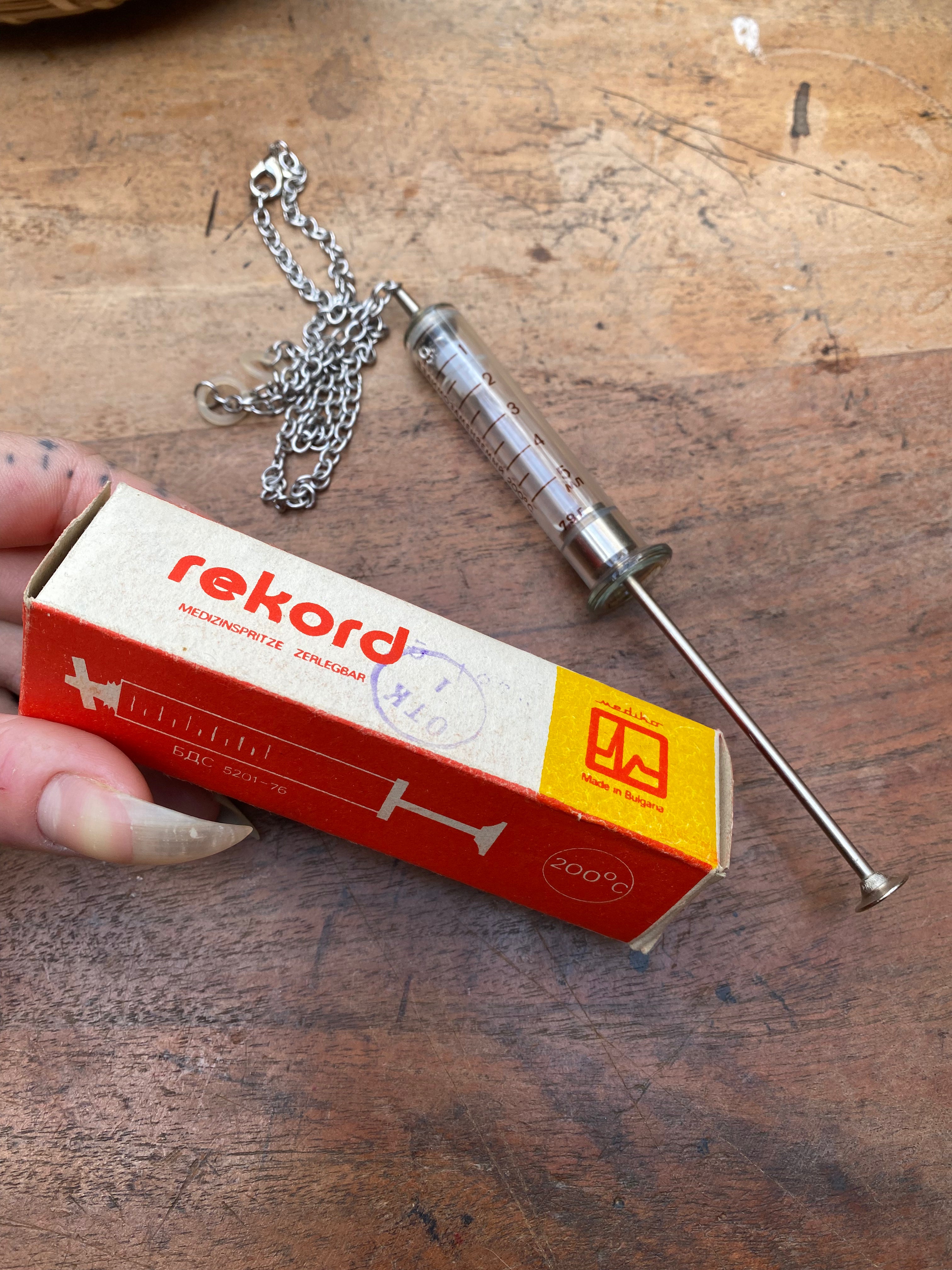 Vintage Syringe Necklace with Attached Secret Glass Vial