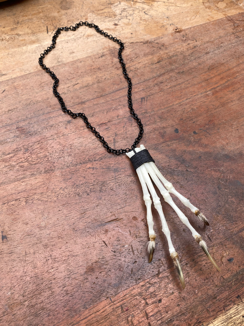 Bone Fox Paw on Black Chain Necklace