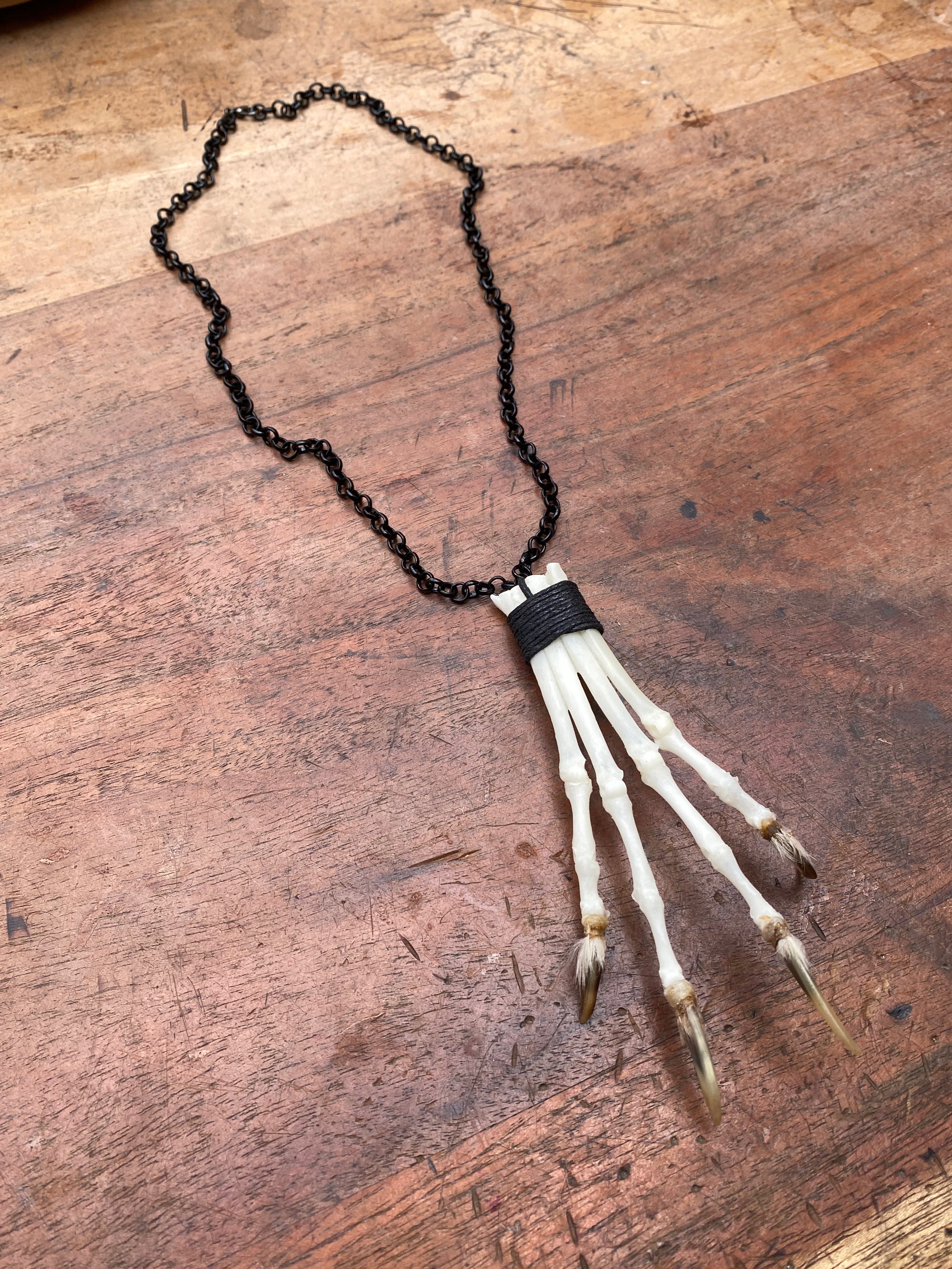 Bone Fox Paw on Black Chain Necklace