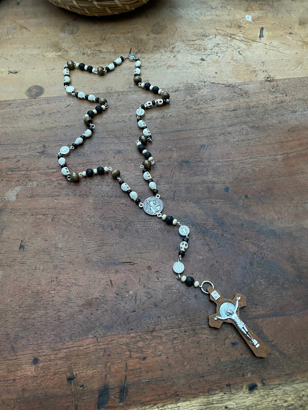 Skulls and Volcanic Rock with Wooden Crucifix Rosary Necklace