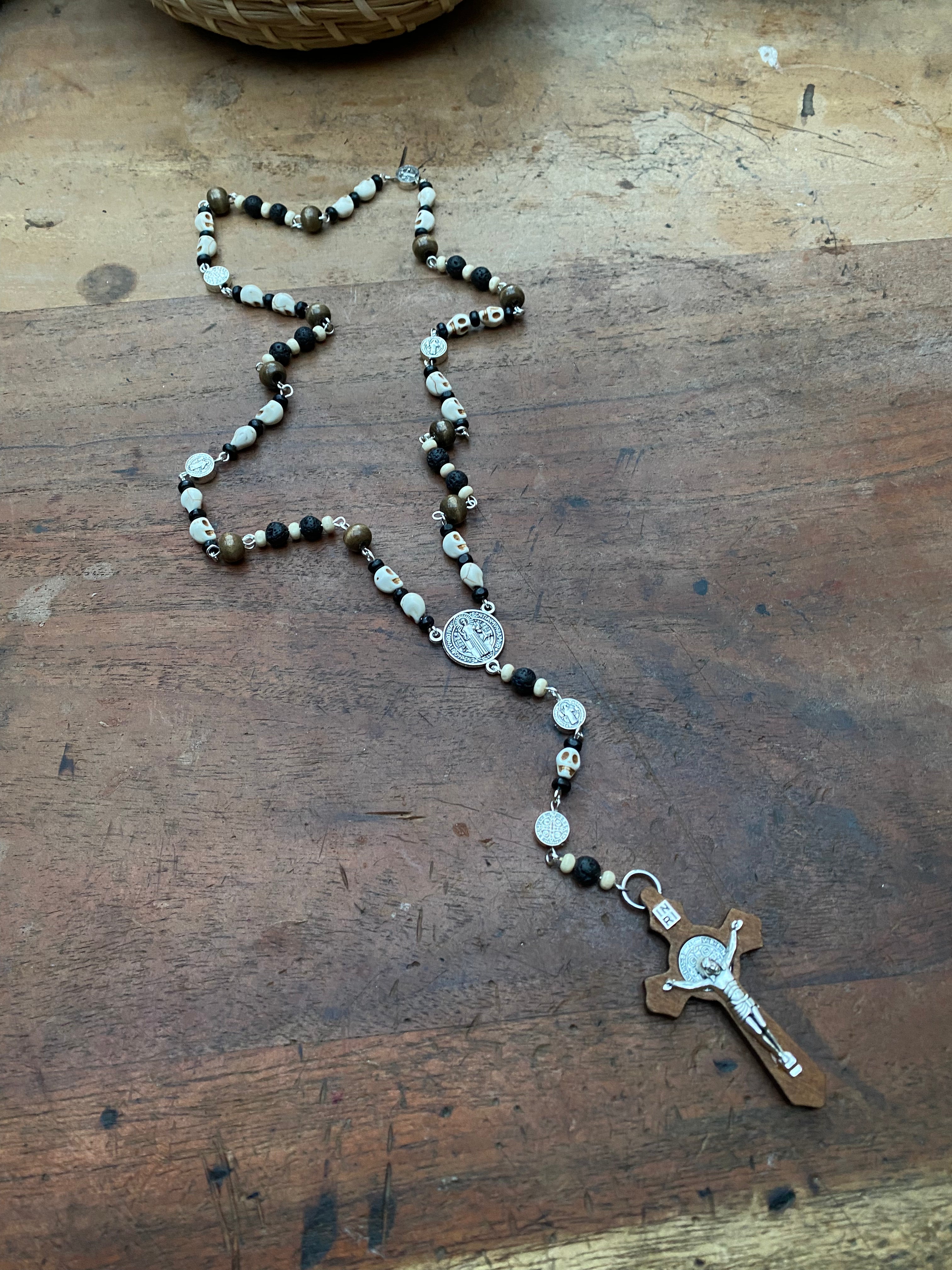 Skulls and Volcanic Rock with Wooden Crucifix Rosary Necklace