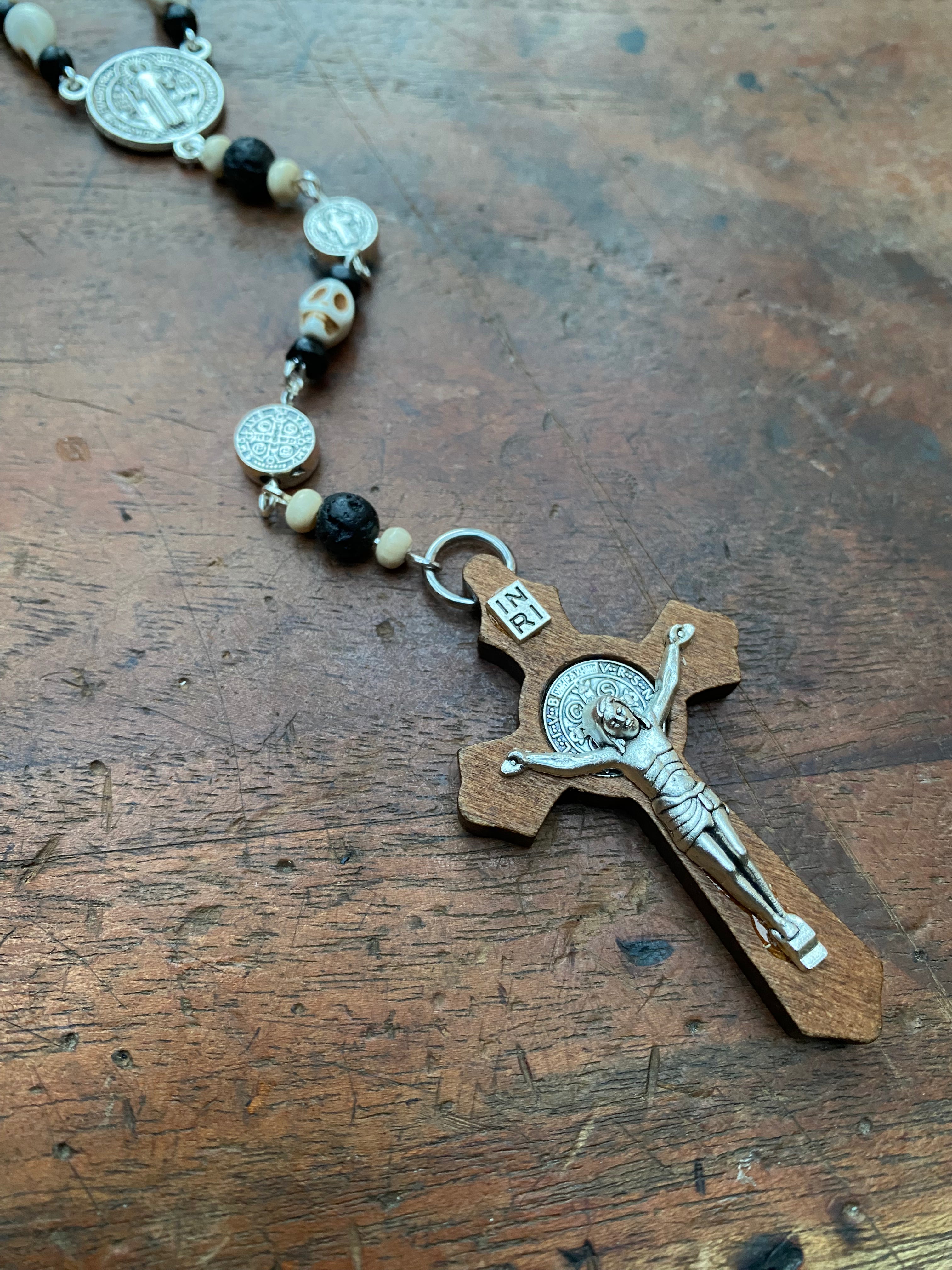 Skulls and Volcanic Rock with Wooden Crucifix Rosary Necklace