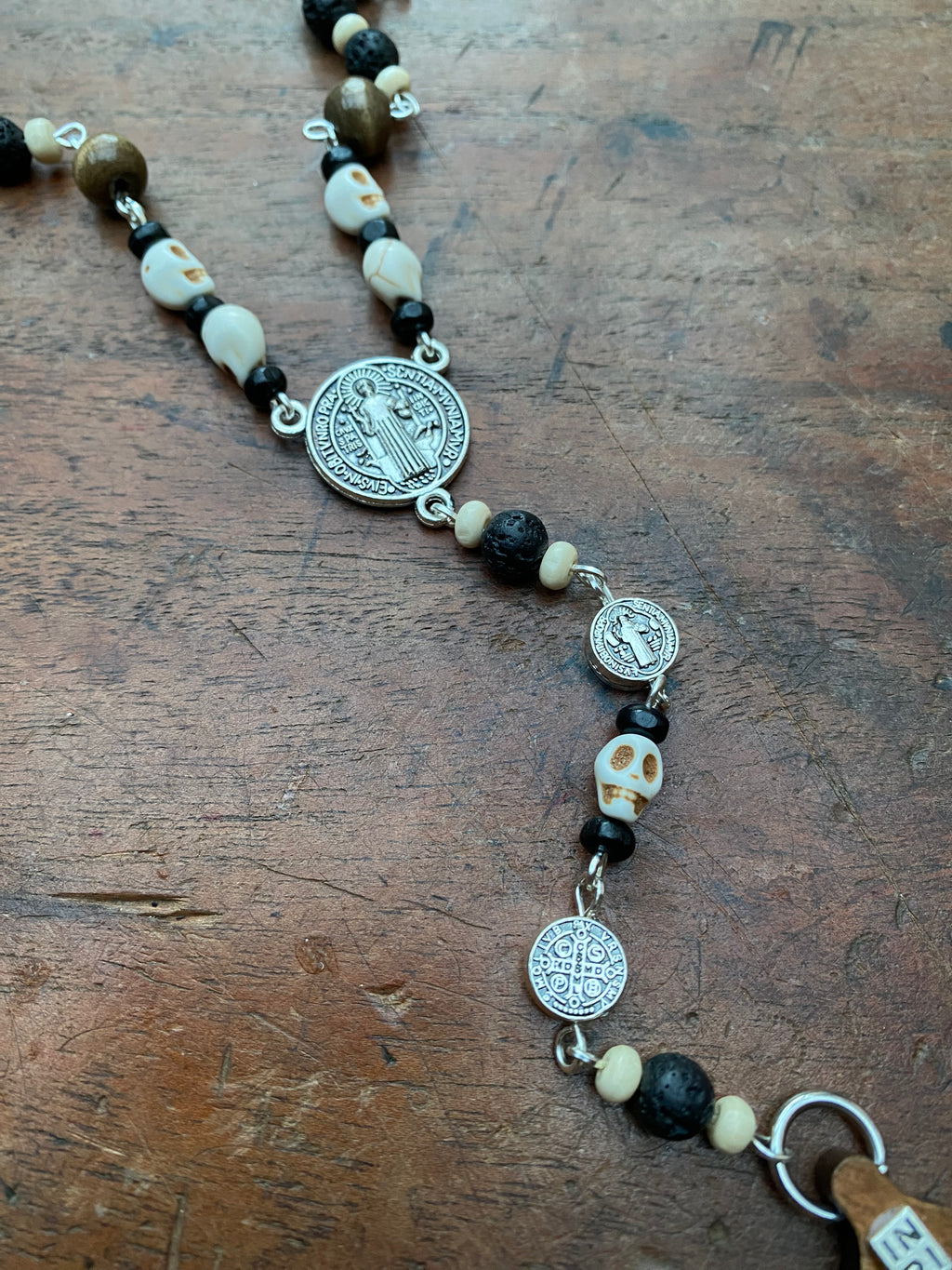 Skulls and Volcanic Rock with Wooden Crucifix Rosary Necklace