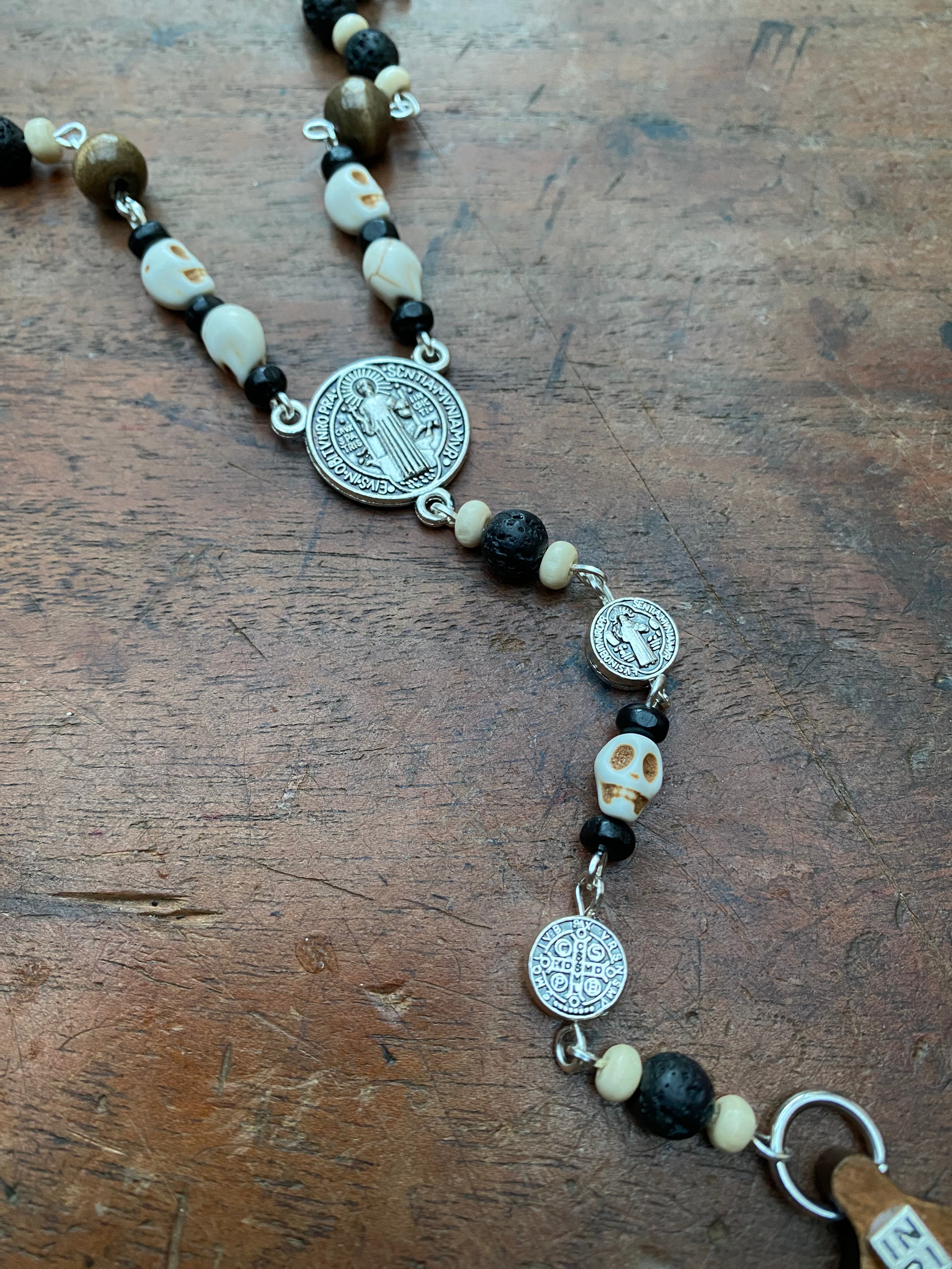 Skulls and Volcanic Rock with Wooden Crucifix Rosary Necklace
