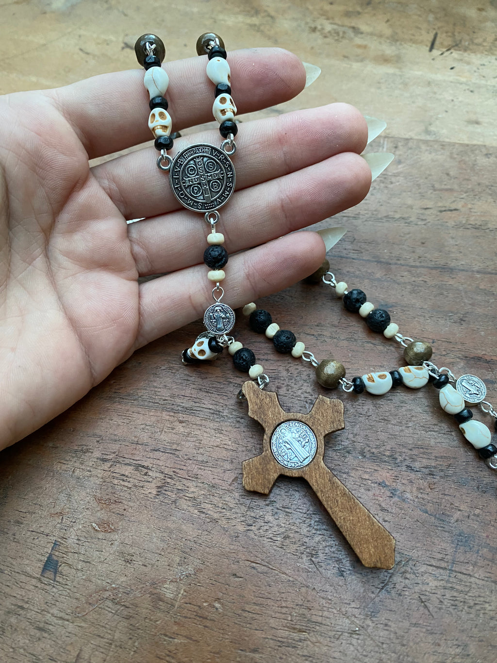 Skulls and Volcanic Rock with Wooden Crucifix Rosary Necklace