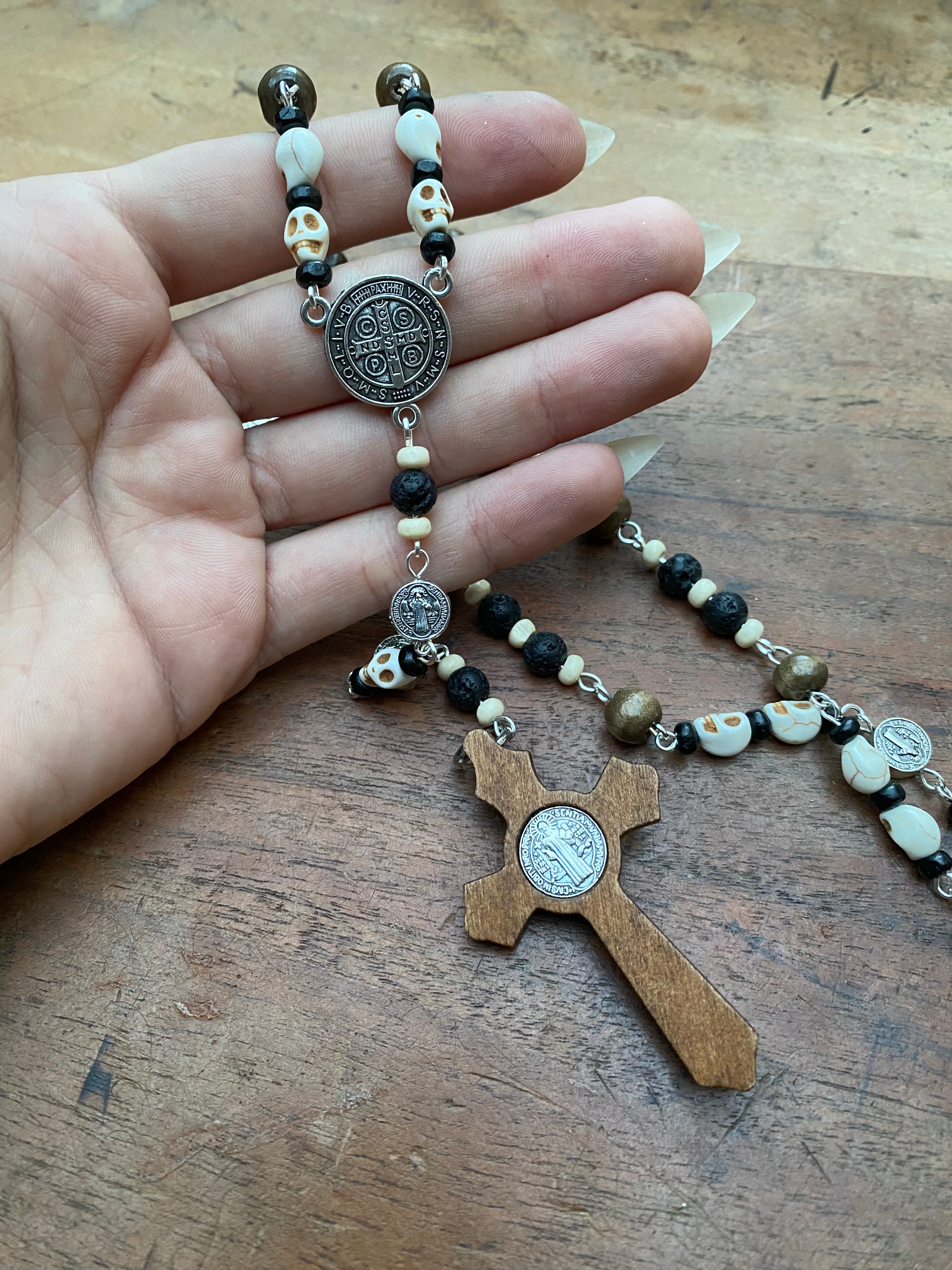 Skulls and Volcanic Rock with Wooden Crucifix Rosary Necklace