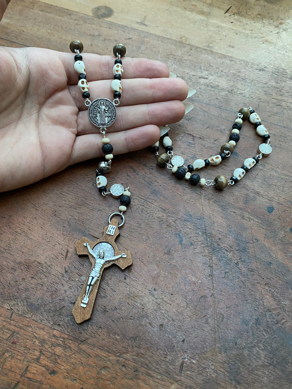 Skulls and Volcanic Rock with Wooden Crucifix Rosary Necklace