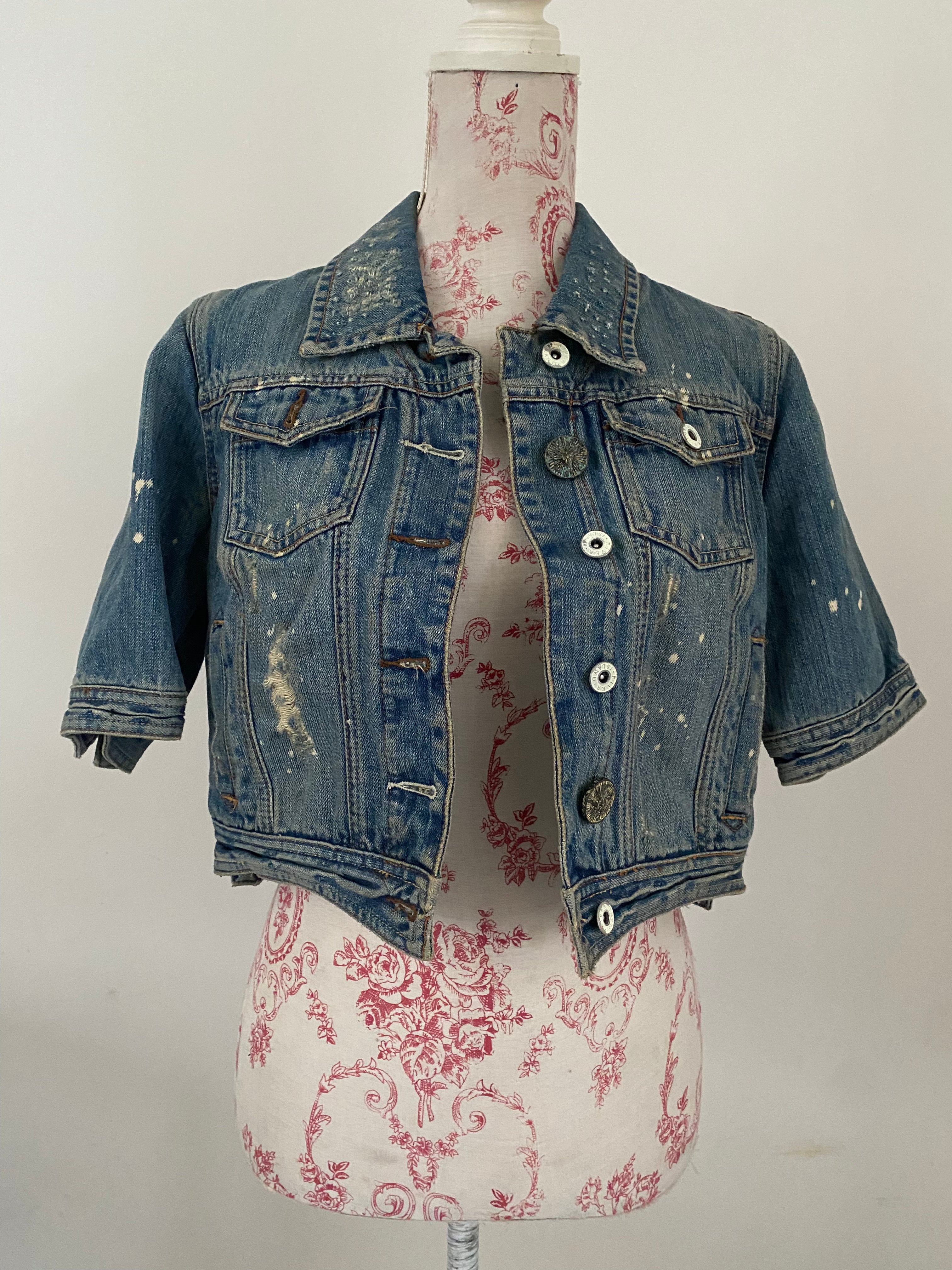 Distressed 'Explosive Junk' Cropped Denim Jacket