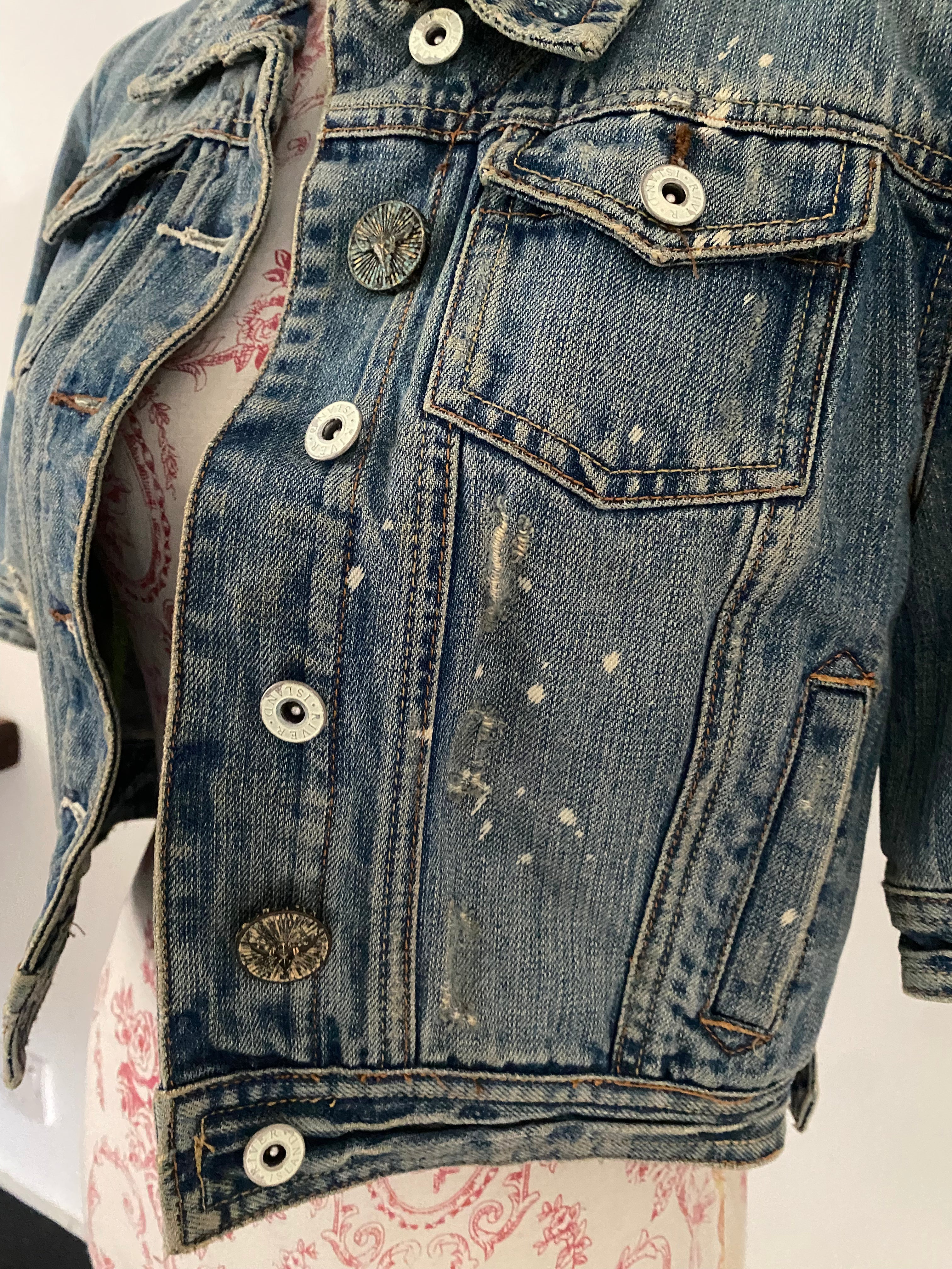 Distressed 'Explosive Junk' Cropped Denim Jacket
