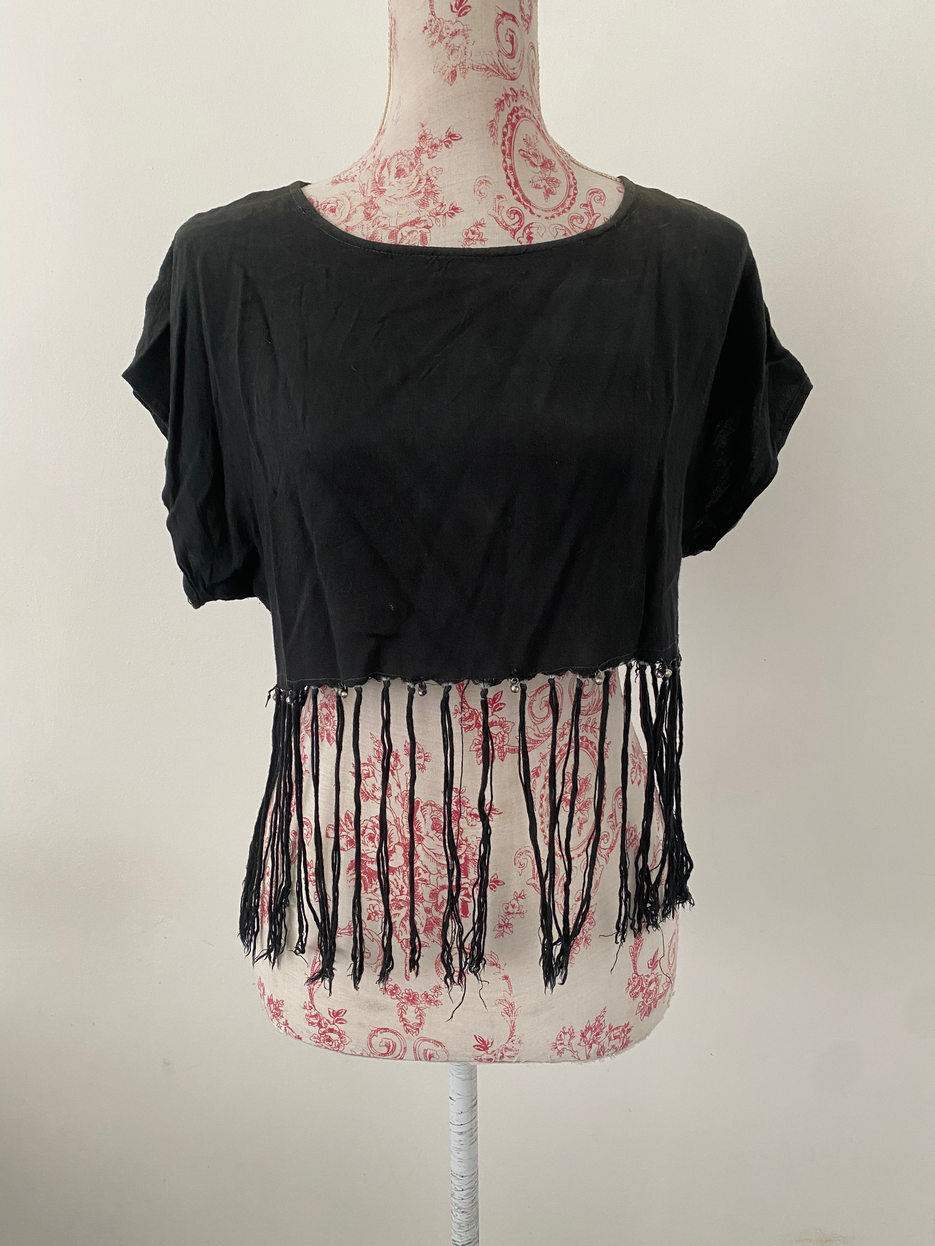 Black Washed Cropped Top with Small Metal Bells