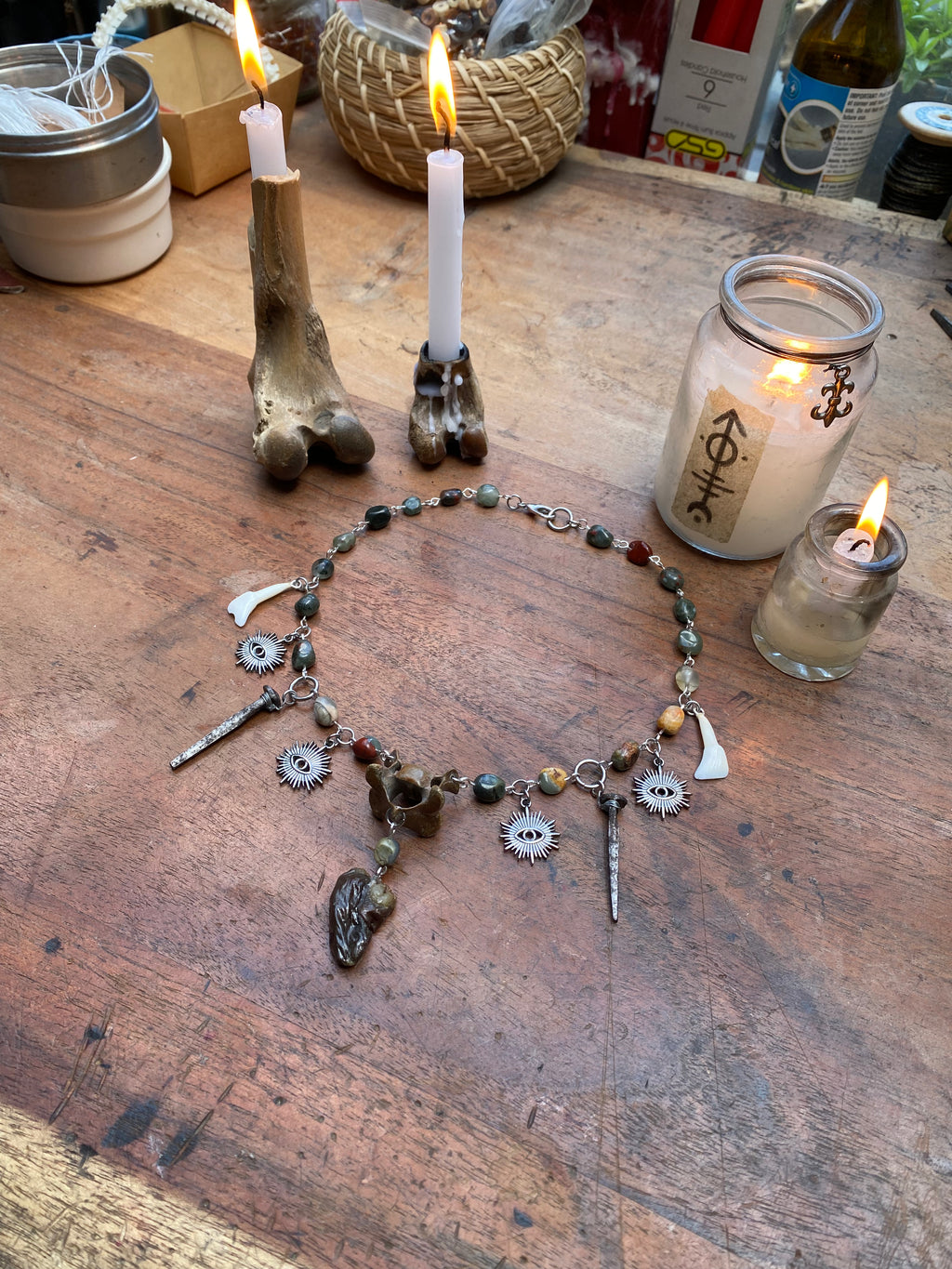 Mummified Crow Heart, Deer Teeth, Coffin Nails and Bloodstone Necklace