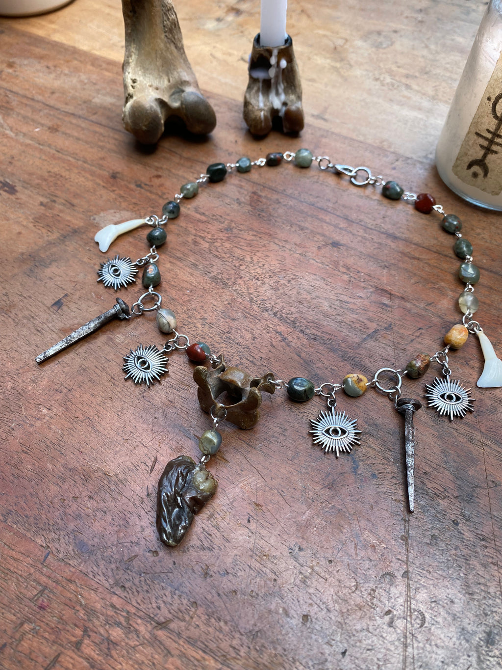 Mummified Crow Heart, Deer Teeth, Coffin Nails and Bloodstone Necklace