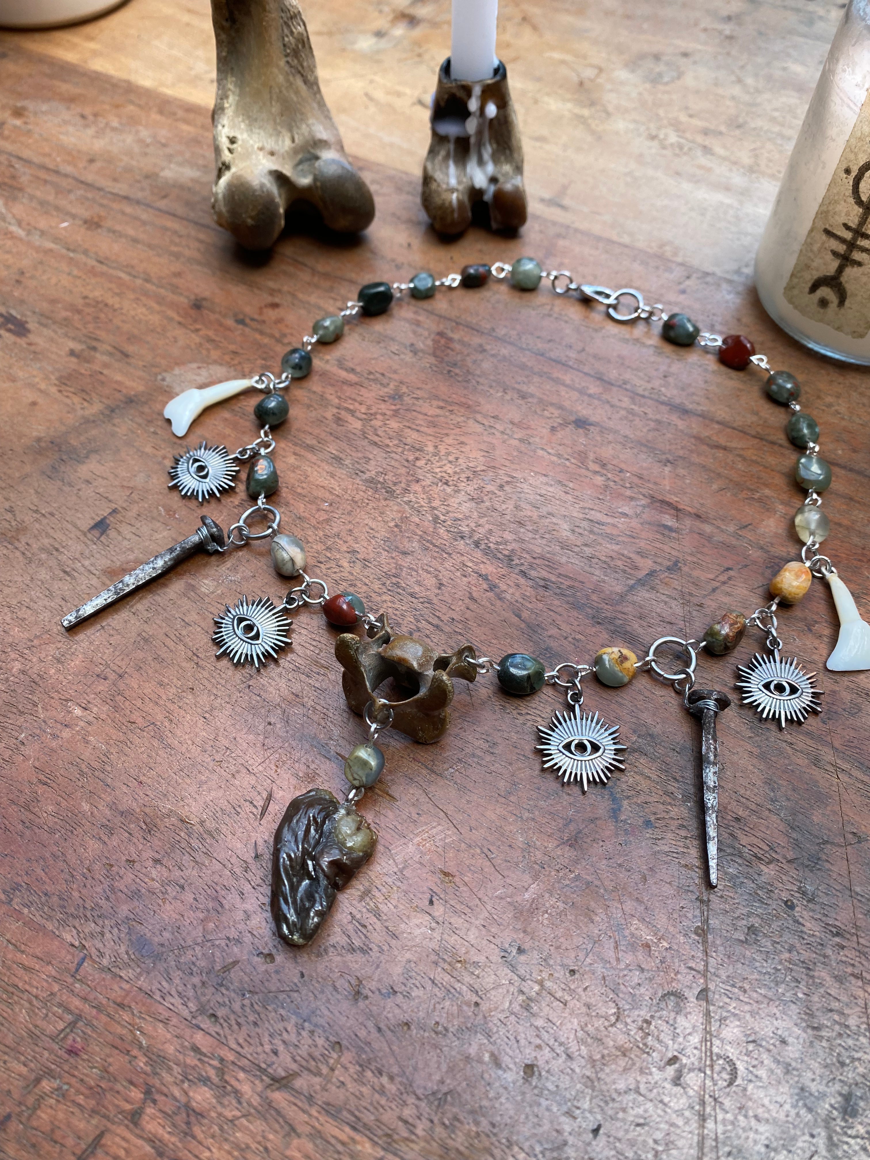 Mummified Crow Heart, Deer Teeth, Coffin Nails and Bloodstone Necklace