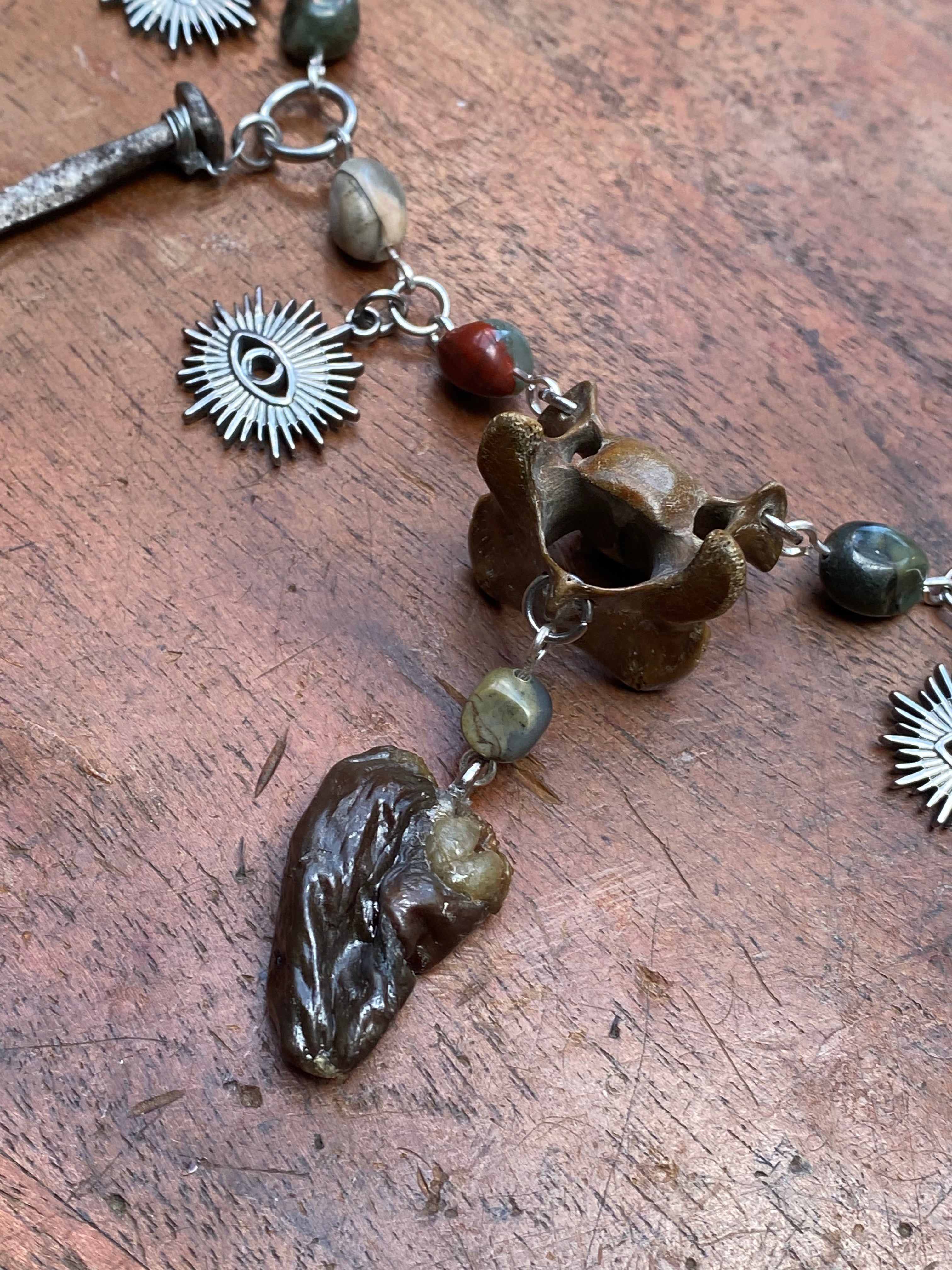 Mummified Crow Heart, Deer Teeth, Coffin Nails and Bloodstone Necklace