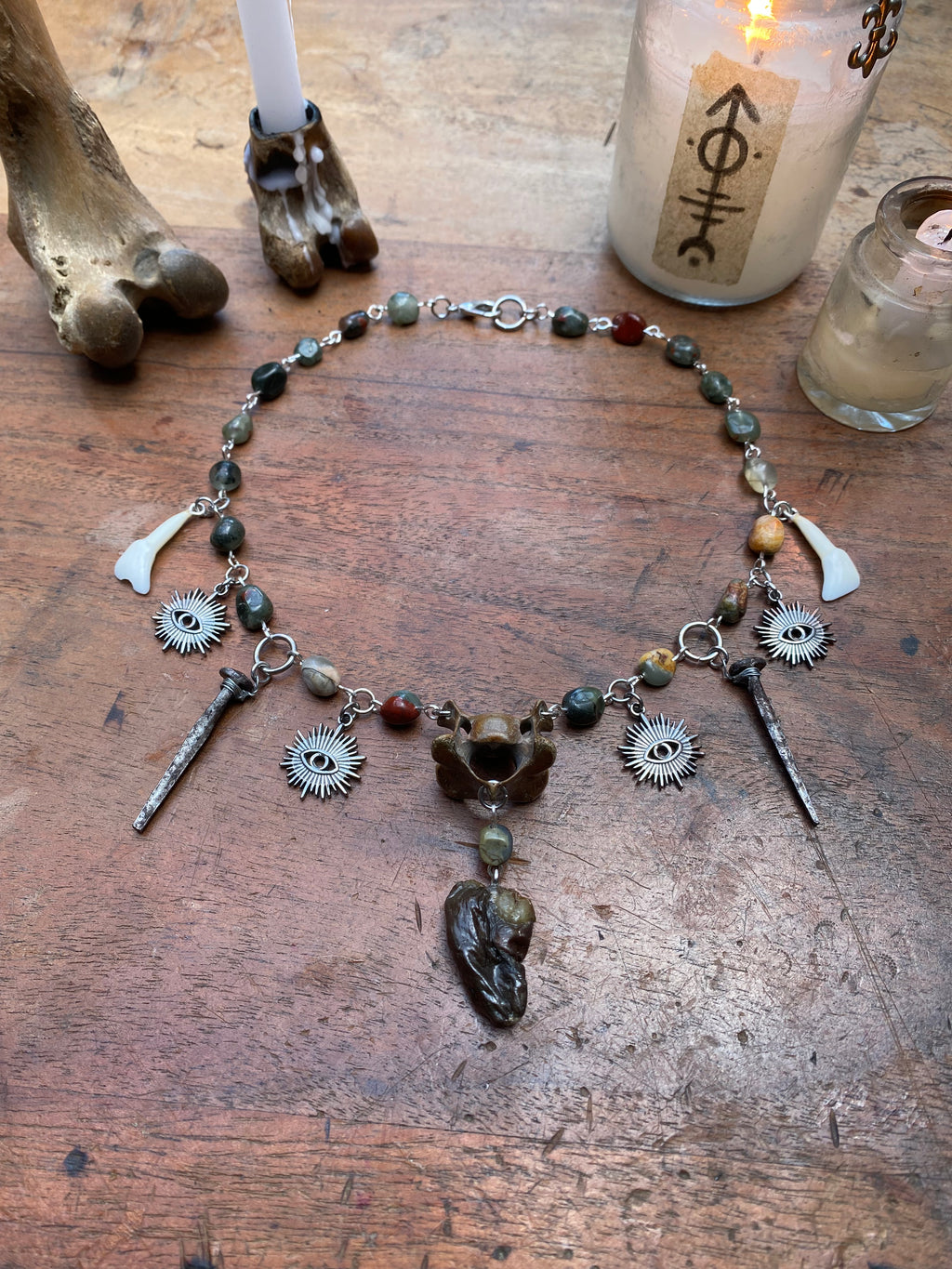 Mummified Crow Heart, Deer Teeth, Coffin Nails and Bloodstone Necklace