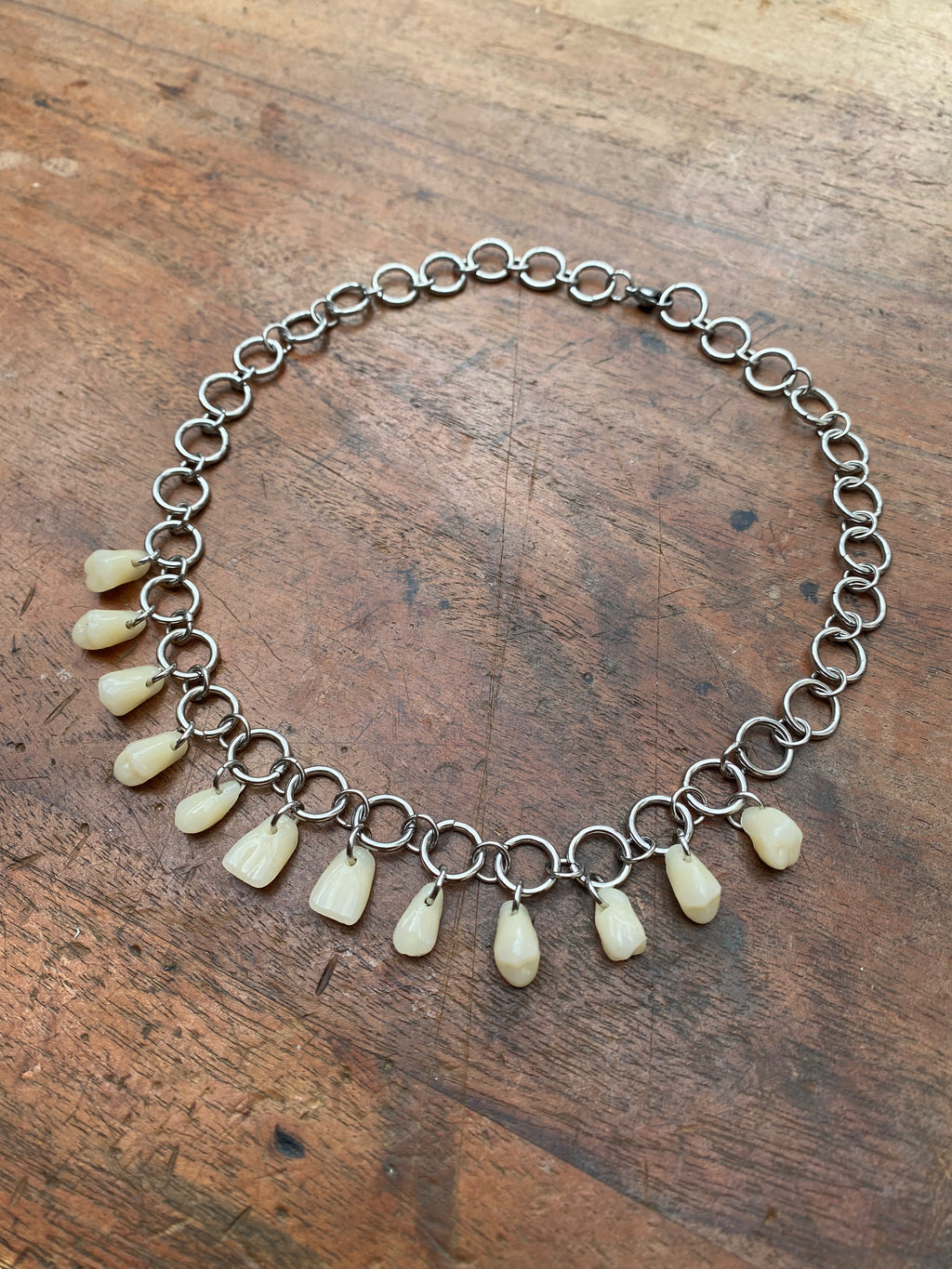 Resin Human Teeth and Steel Rings Necklace