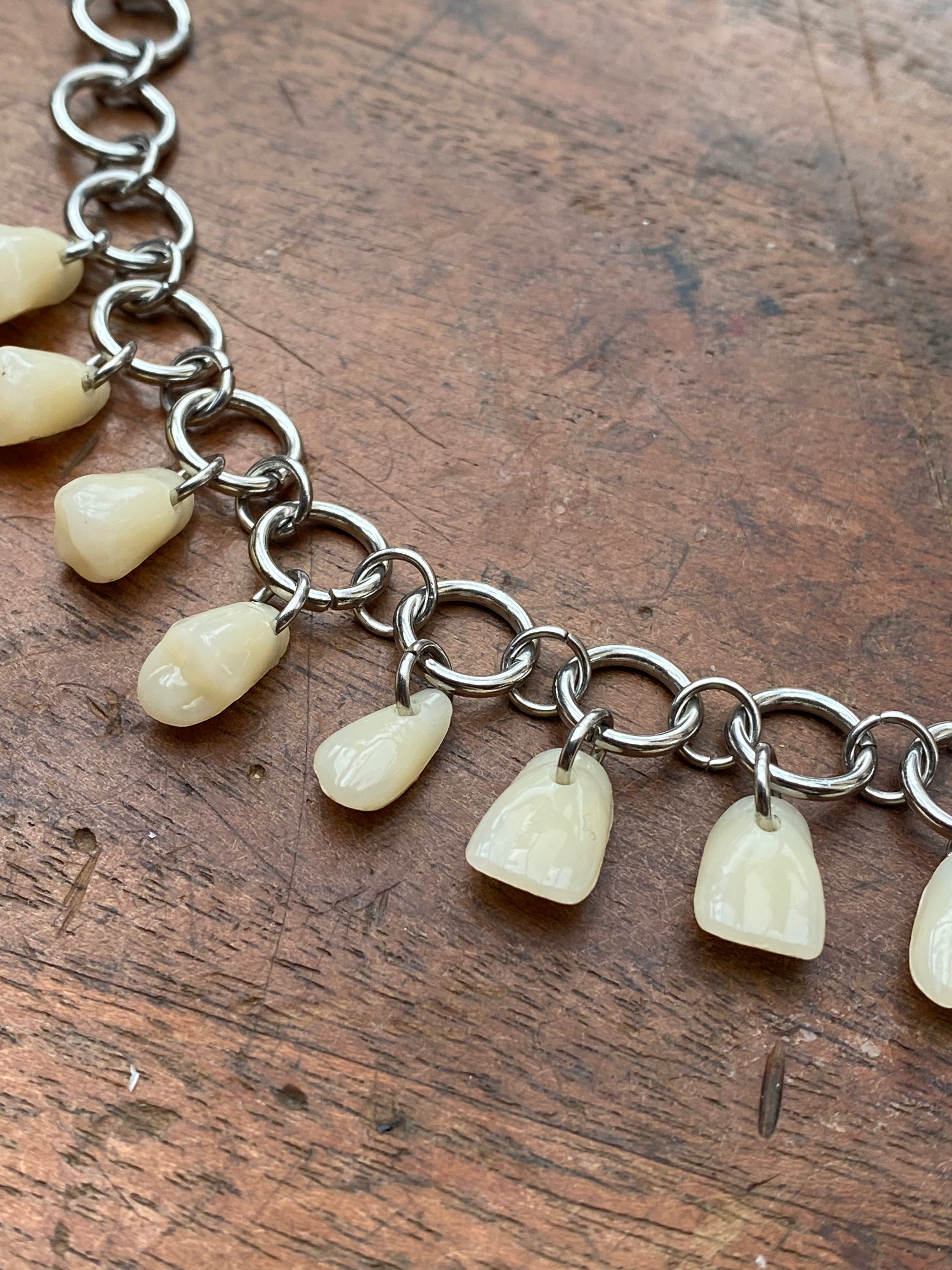 Resin Human Teeth and Steel Rings Necklace
