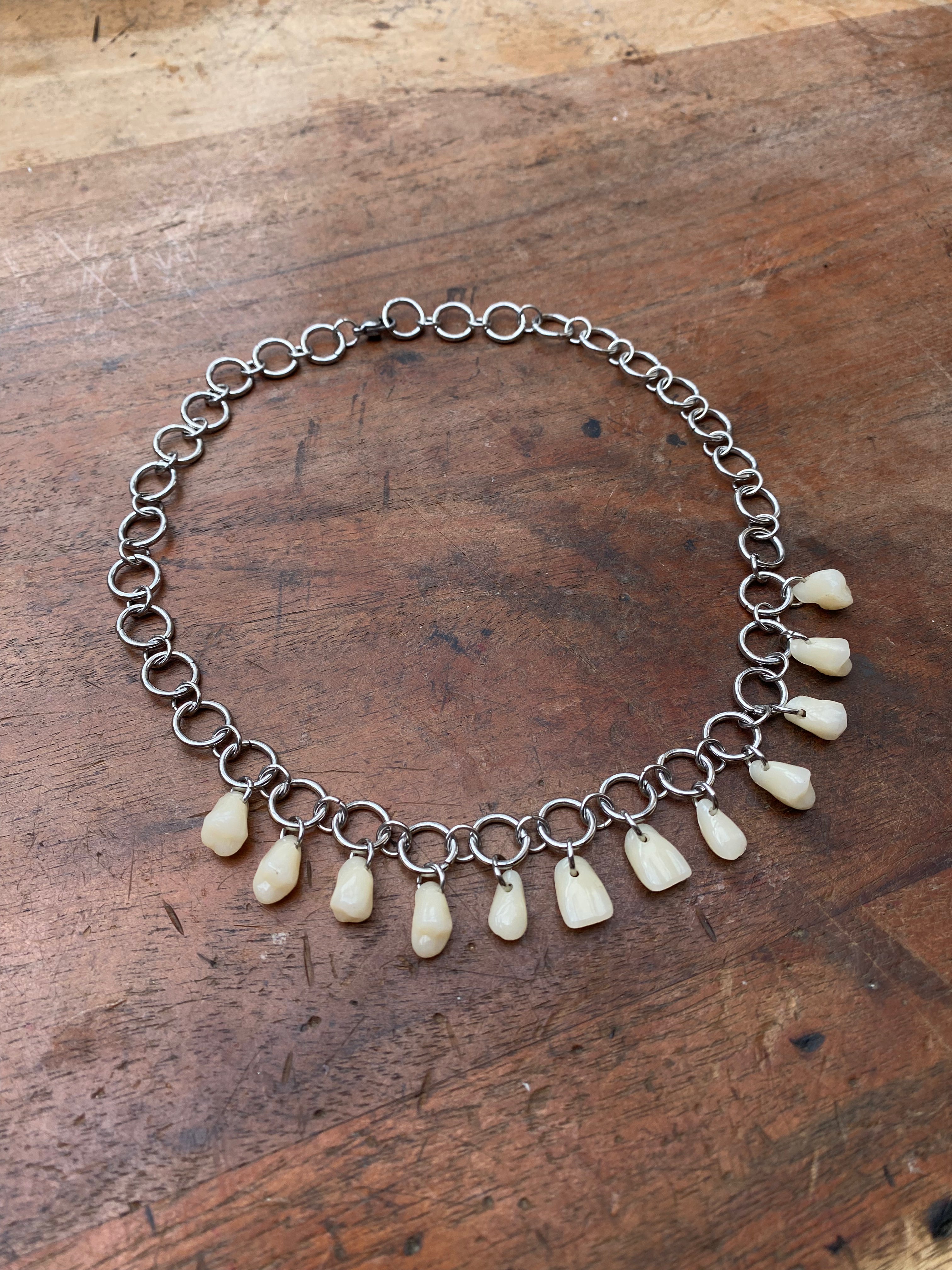 Resin Human Teeth and Steel Rings Necklace