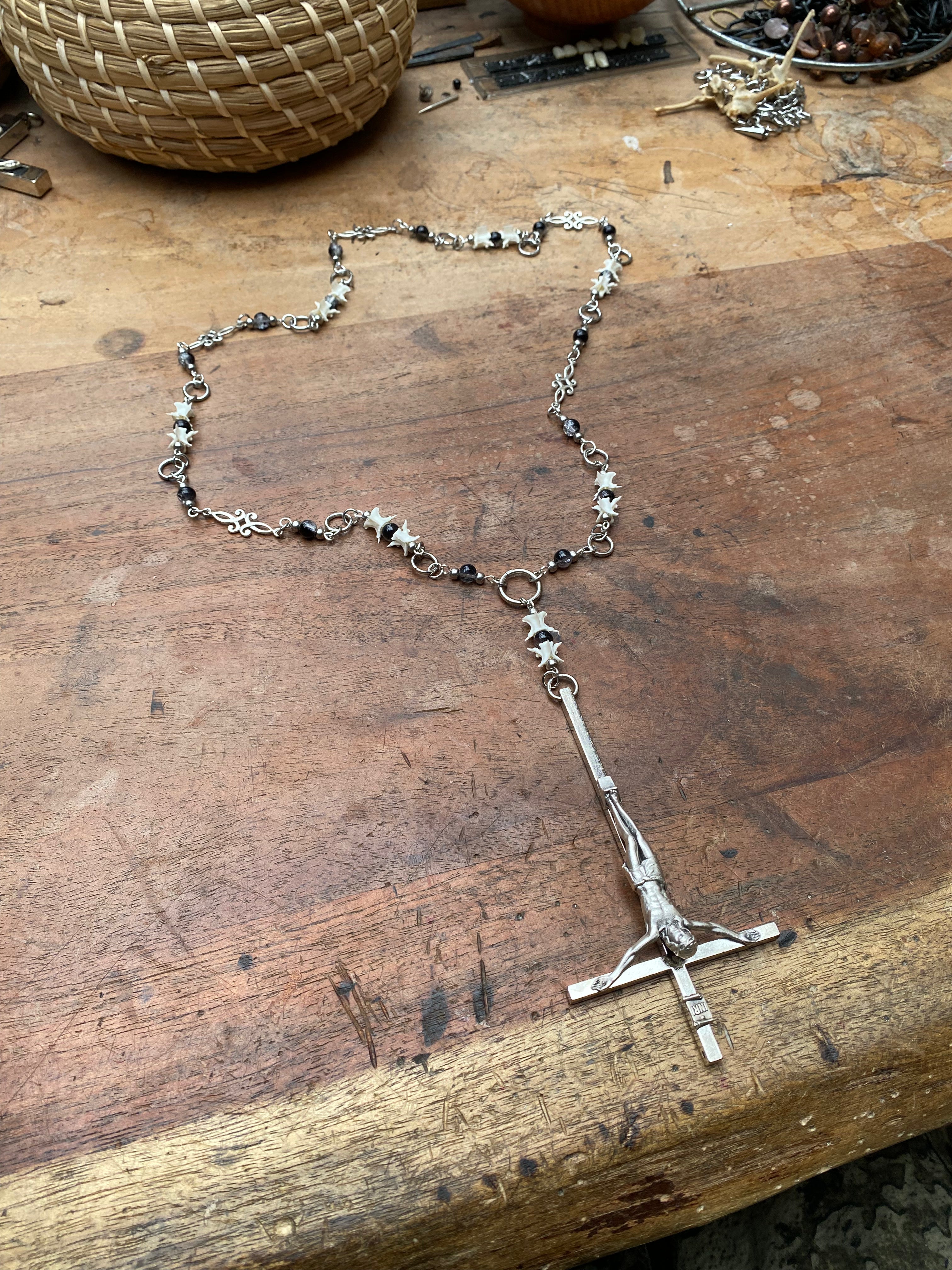 Inverted Crucifix with Snake Vertebrae Rosary Necklace