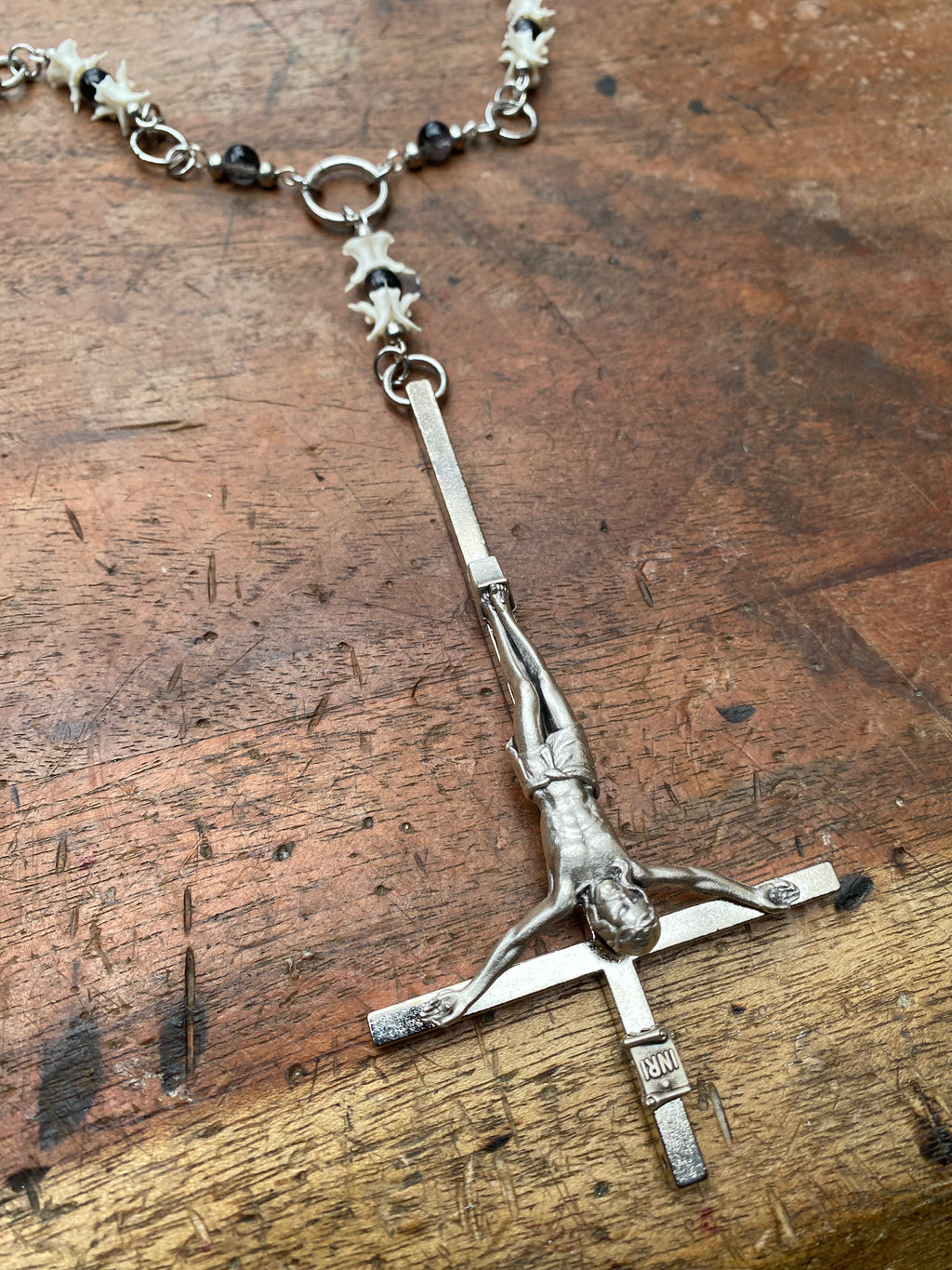Inverted Crucifix with Snake Vertebrae Rosary Necklace