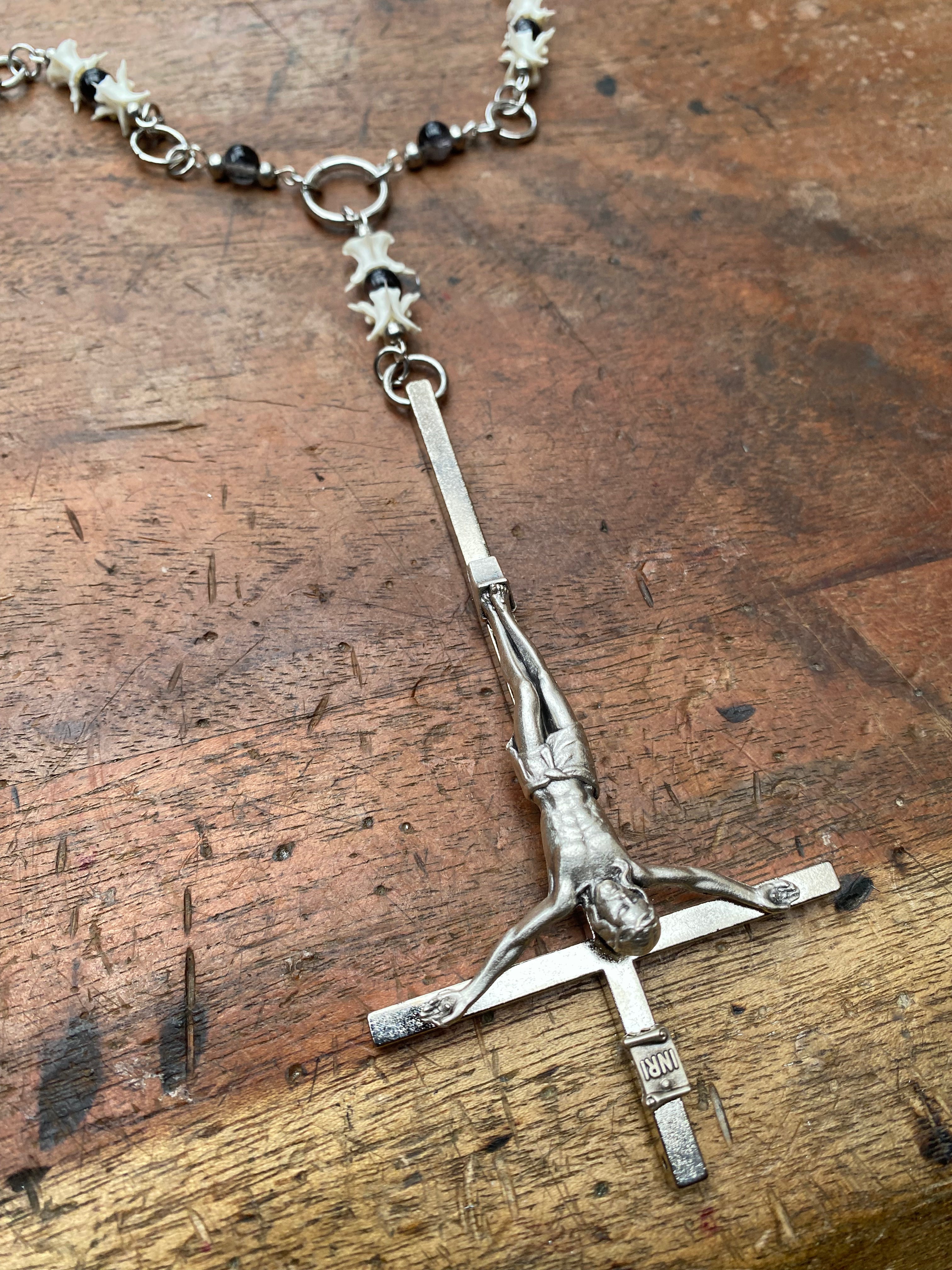 Inverted Crucifix with Snake Vertebrae Rosary Necklace