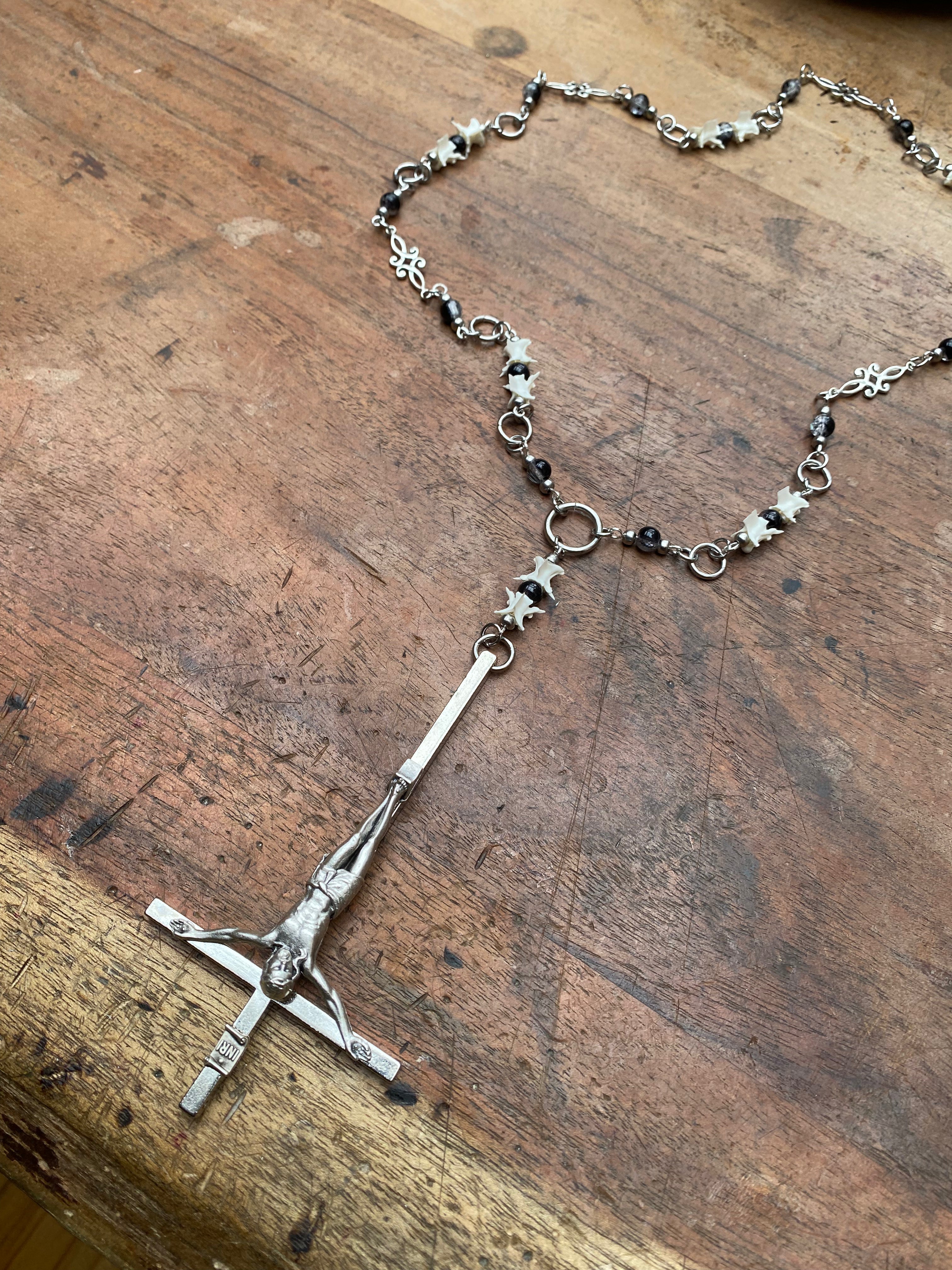 Inverted Crucifix with Snake Vertebrae Rosary Necklace
