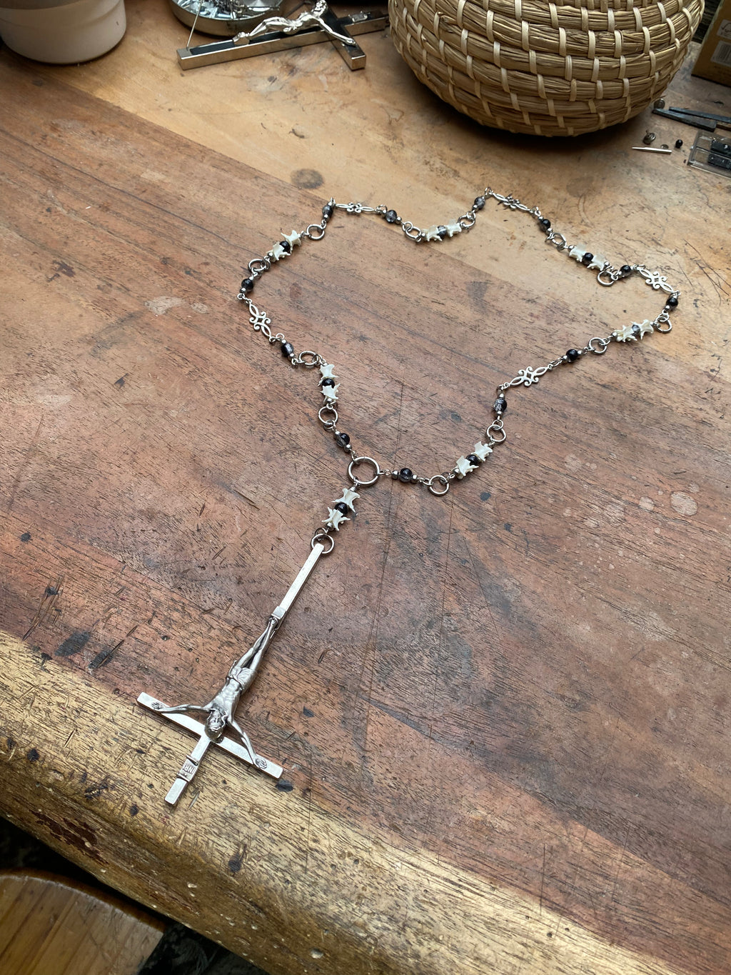 Inverted Crucifix with Snake Vertebrae Rosary Necklace